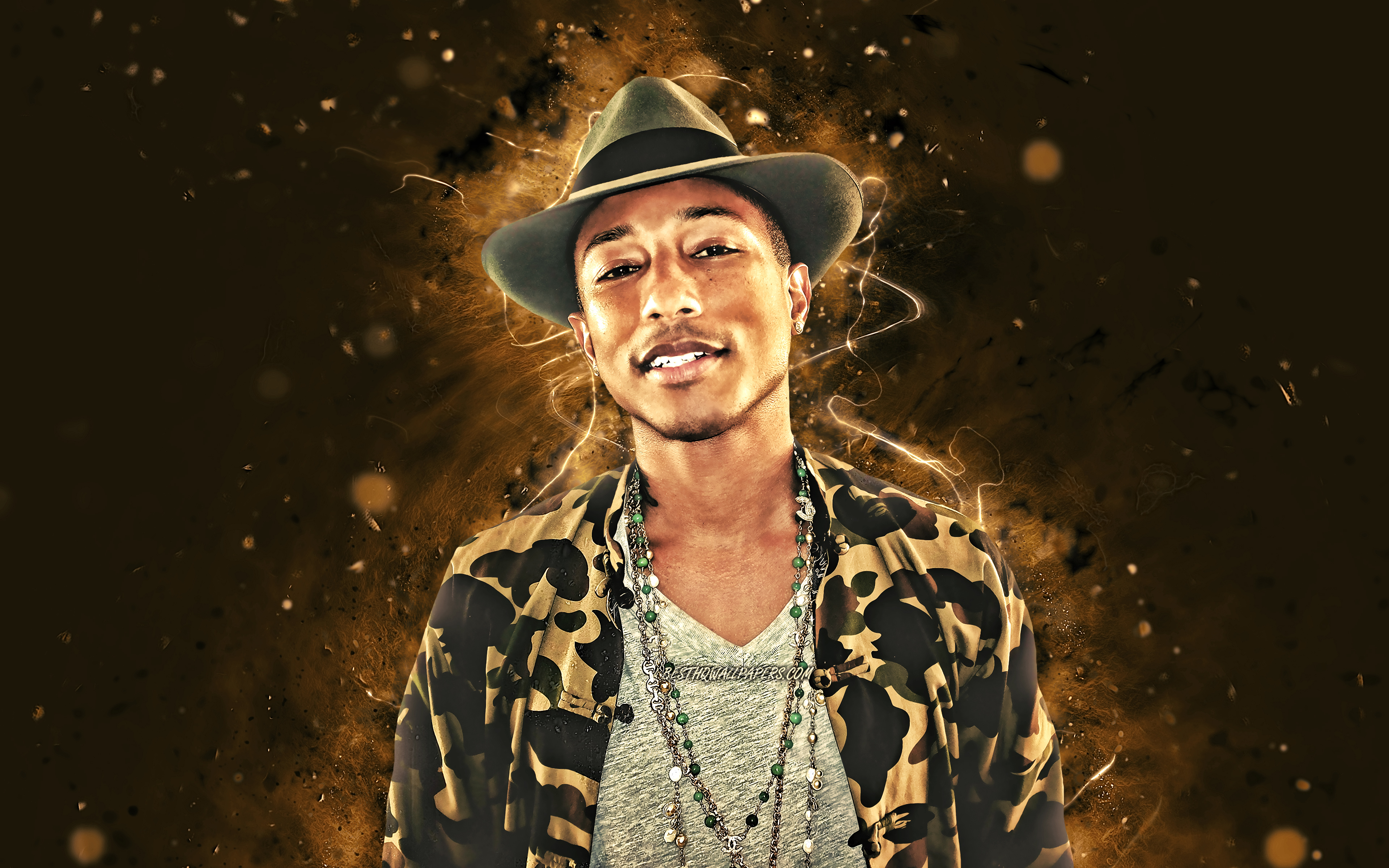 3840x2400 Download wallpaper Pharrell Williams, 4K, brown neon lights, american singer, music stars, Pharrell Lanscilo Williams, american celebrity, superstars, Pharrell Williams 4K for desktop with resolution. High Quality HD picture wallpaper, Desktop