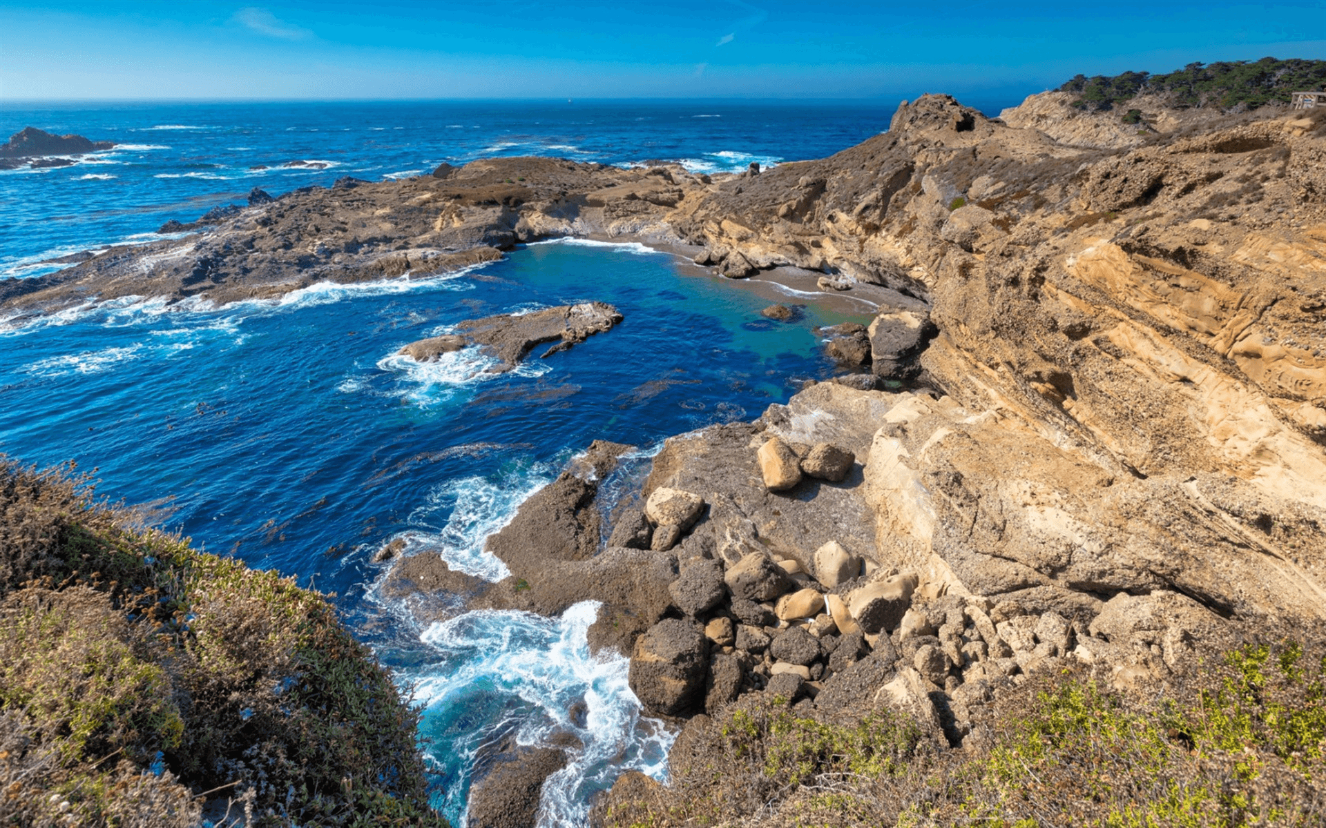 1920x1200 Download wallpaper Pacific Ocean, rocky coast, rocks, waves, bay, Desktop