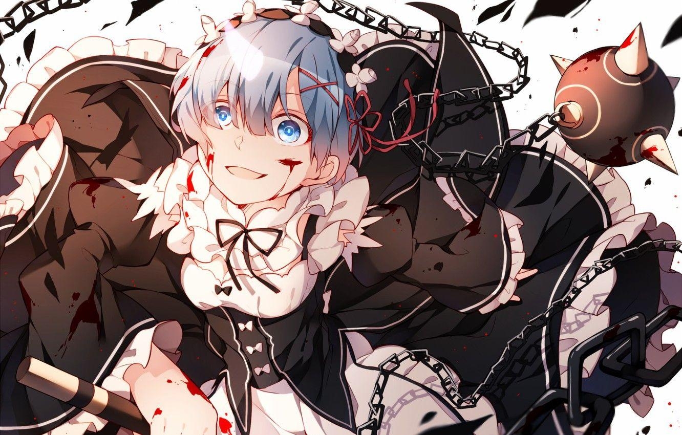 1340x850 Wallpaper girl, blood, the demon, anime, the maid, art, Rem, Re, Desktop