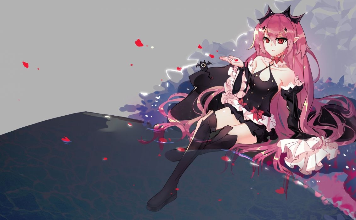 1140x700 Animal bat collar dress krul tepes long hair owari no seraph petals pink hair pointed ears red eyes thighhighs tiara tsubasa19900920 vampire water wallpaperx2271, Desktop