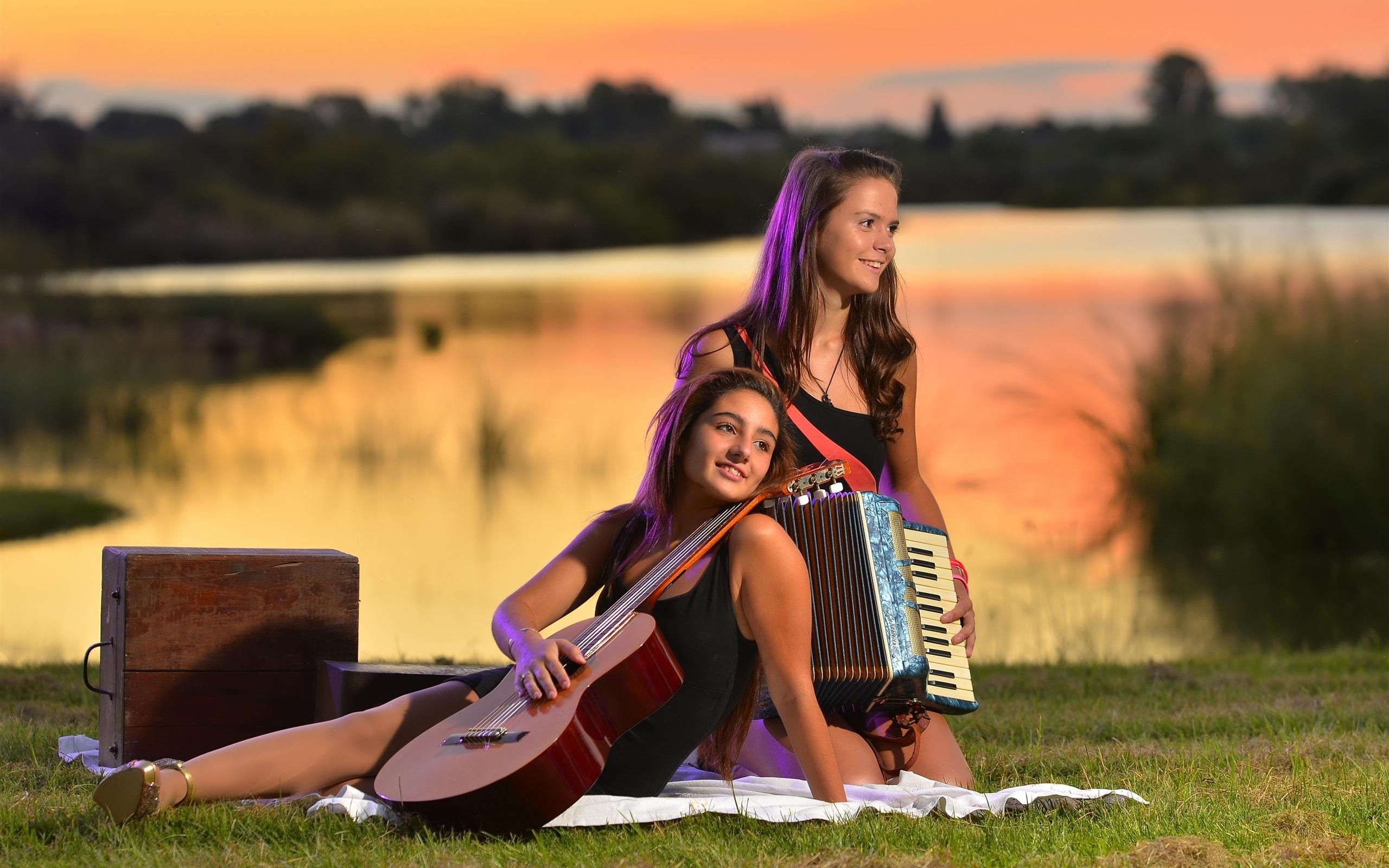 2560x1600 Wallpaper Two girls, guitar, accordion, music  HD Picture, Desktop