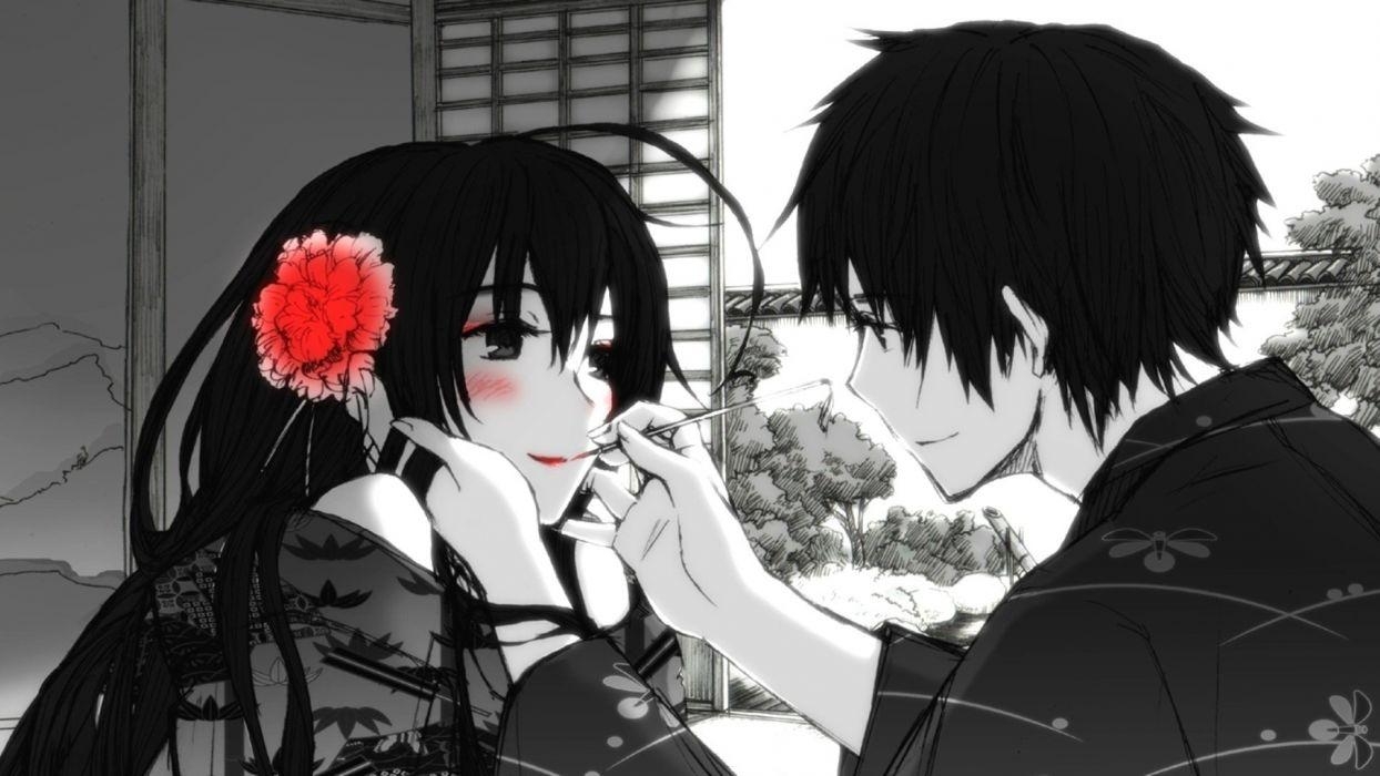 1250x700 Red flowers kimono blush monochrome anime anime boys selective, Desktop