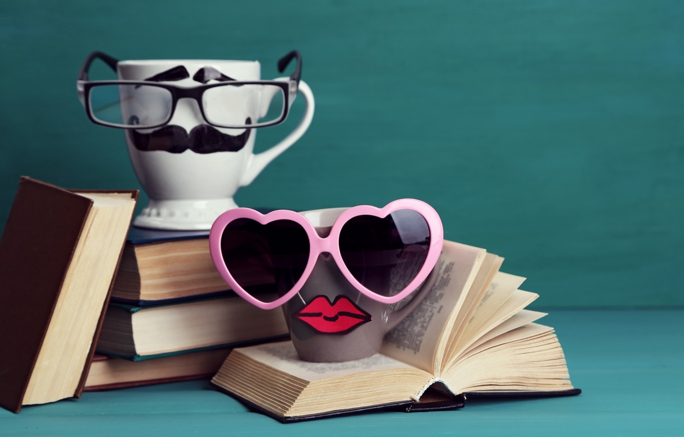 1340x850 Wallpaper books, coffee, glasses, mug, cup, lips, funny, glasses, cute, books, mustache image for desktop, section настроения, Desktop