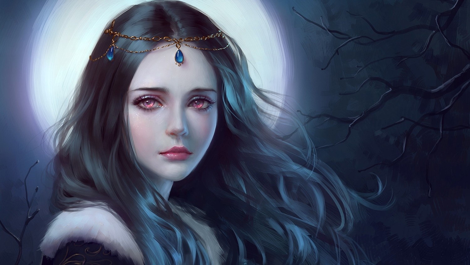 1500x850 hair, teen, Queen, red eyes, trees, princess, fantasy art, night, women, dark, crown Gallery HD Wallpaper, Desktop