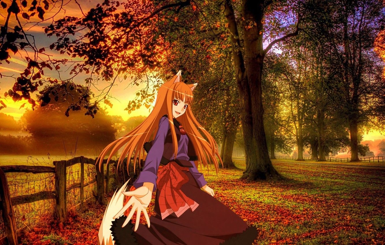 1340x850 Wallpaper Girl, Autumn, Background, Anime, Landscape, Photohop, Cutie image for desktop, section прочее, Desktop