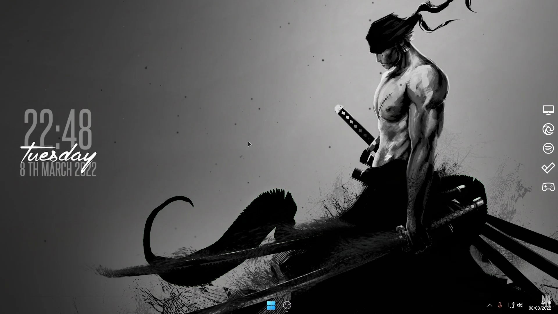 1920x1080 Roronoa Zoro black and white theme. Only thing that bothers me is the blue start menu icon, Desktop