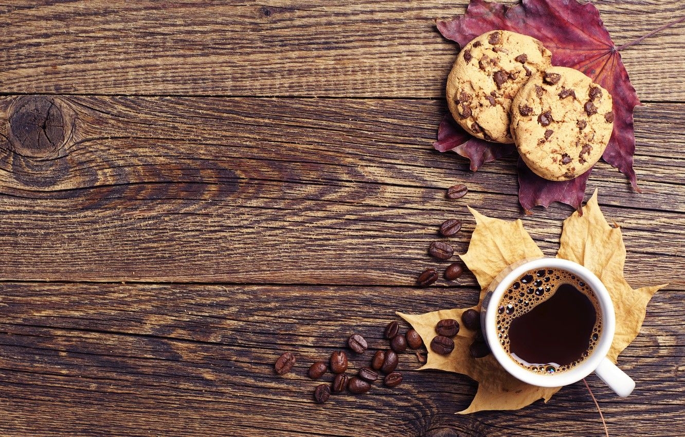 1340x850 Wallpaper autumn, leaves, coffee, cookies, Cup, wood, autumn, leaves, book, cookies, fall, cup of coffee image for desktop, section еда, Desktop