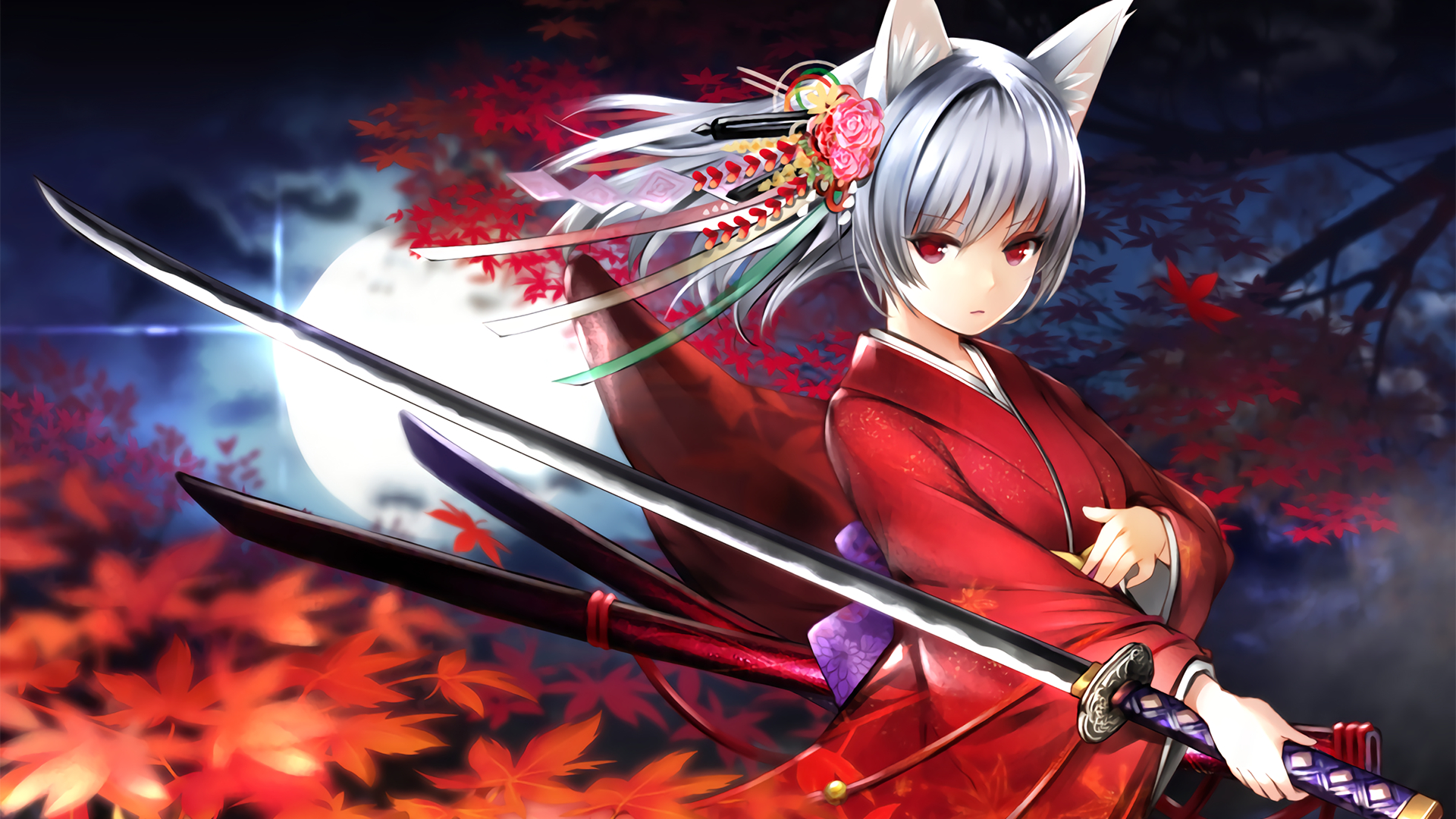 1920x1080 Wallpaper, nekomimi, anime, manga, katana, yukata, screenshot, computer wallpaper, Desktop