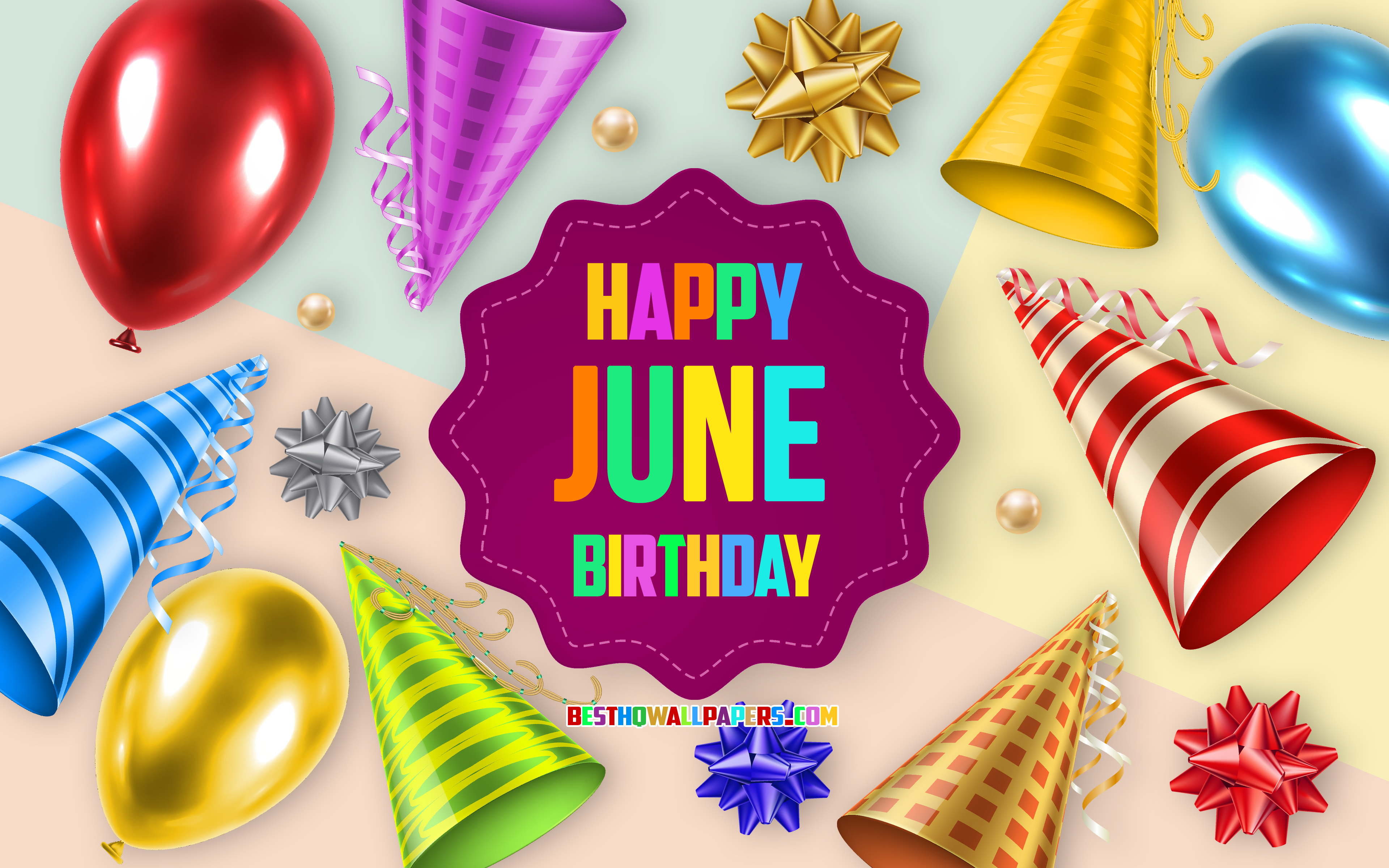 3840x2400 Download wallpaper Happy Birthday June, 4k, Birthday Balloon Background, June, creative art, Happy June birthday, silk bows, June Birthday, Birthday Party Background for desktop with resolution. High Quality HD picture wallpaper, Desktop