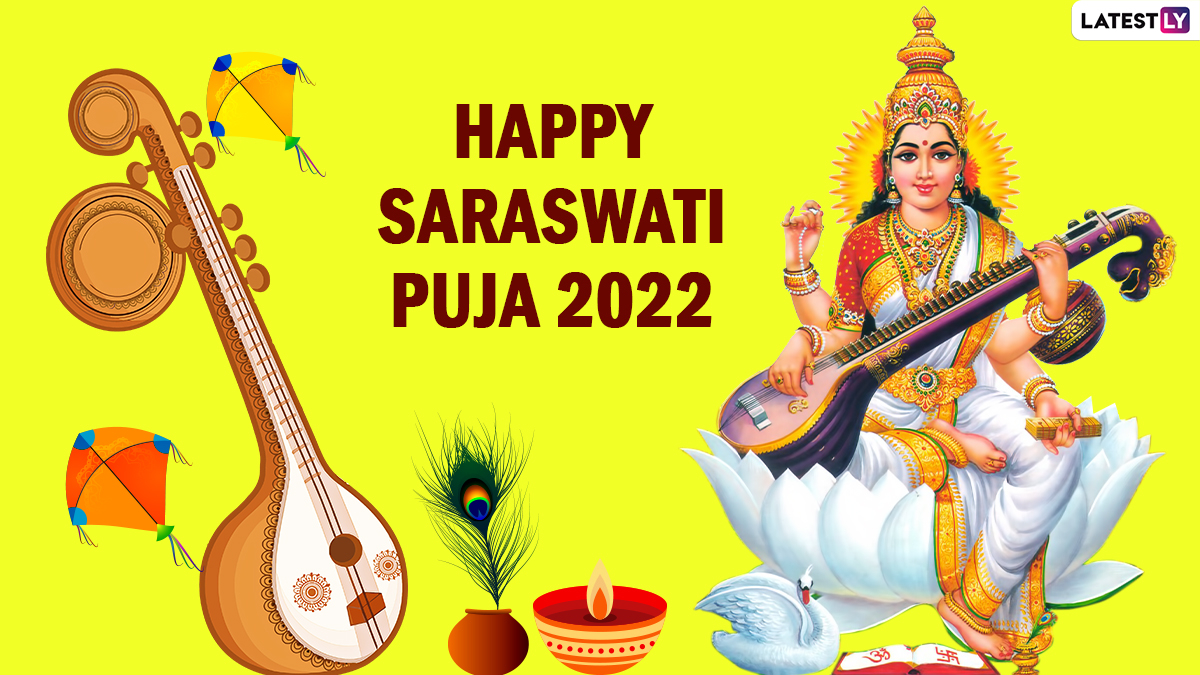 1200x680 Saraswati Puja 2022 Image & Happy Basant Panchami HD Wallpaper for Free Download Online: New WhatsApp Stickers, GIFs, SMS and Quotes To Celebrate the Auspicious Day, Desktop