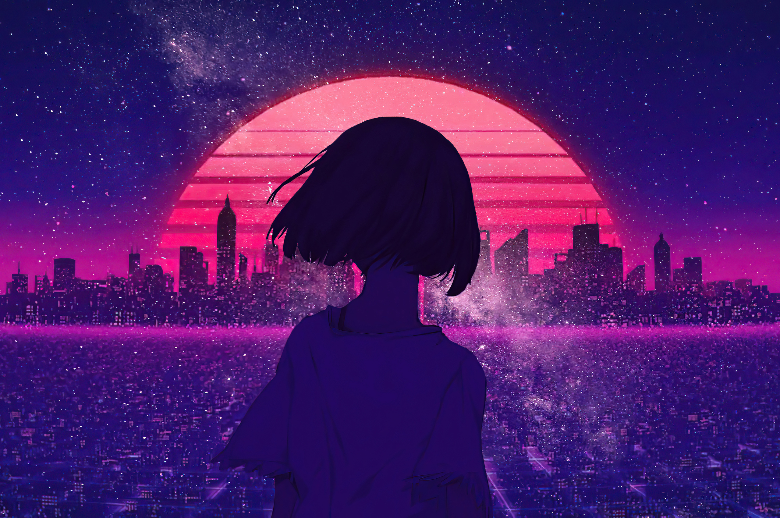 2560x1700 Synthwave Night Sunset Anime Girl 4k Chromebook Pixel HD 4k Wallpaper, Image, Background, Photo and Picture, Desktop