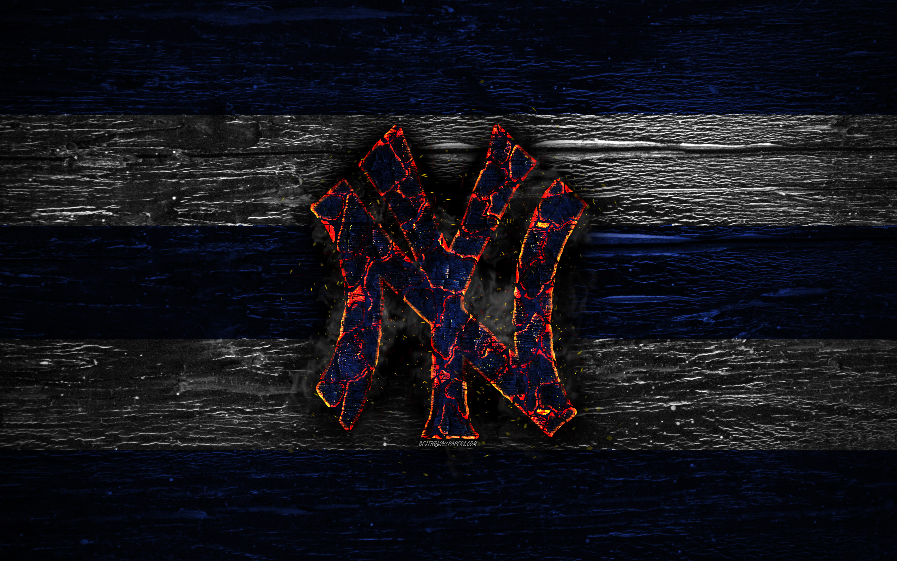 2880x1800 Download wallpaper New York Yankees, fire logo, MLB, blue and white lines, american baseball team, NY Yankees, grunge, baseball, New York Yankees logo, wooden texture, USA for desktop with resolution. High, Desktop