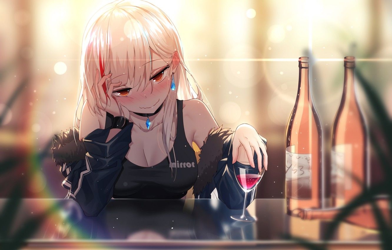 1340x850 Wallpaper look, girl, wine, glass, bar.anime.goodfon.com, Desktop