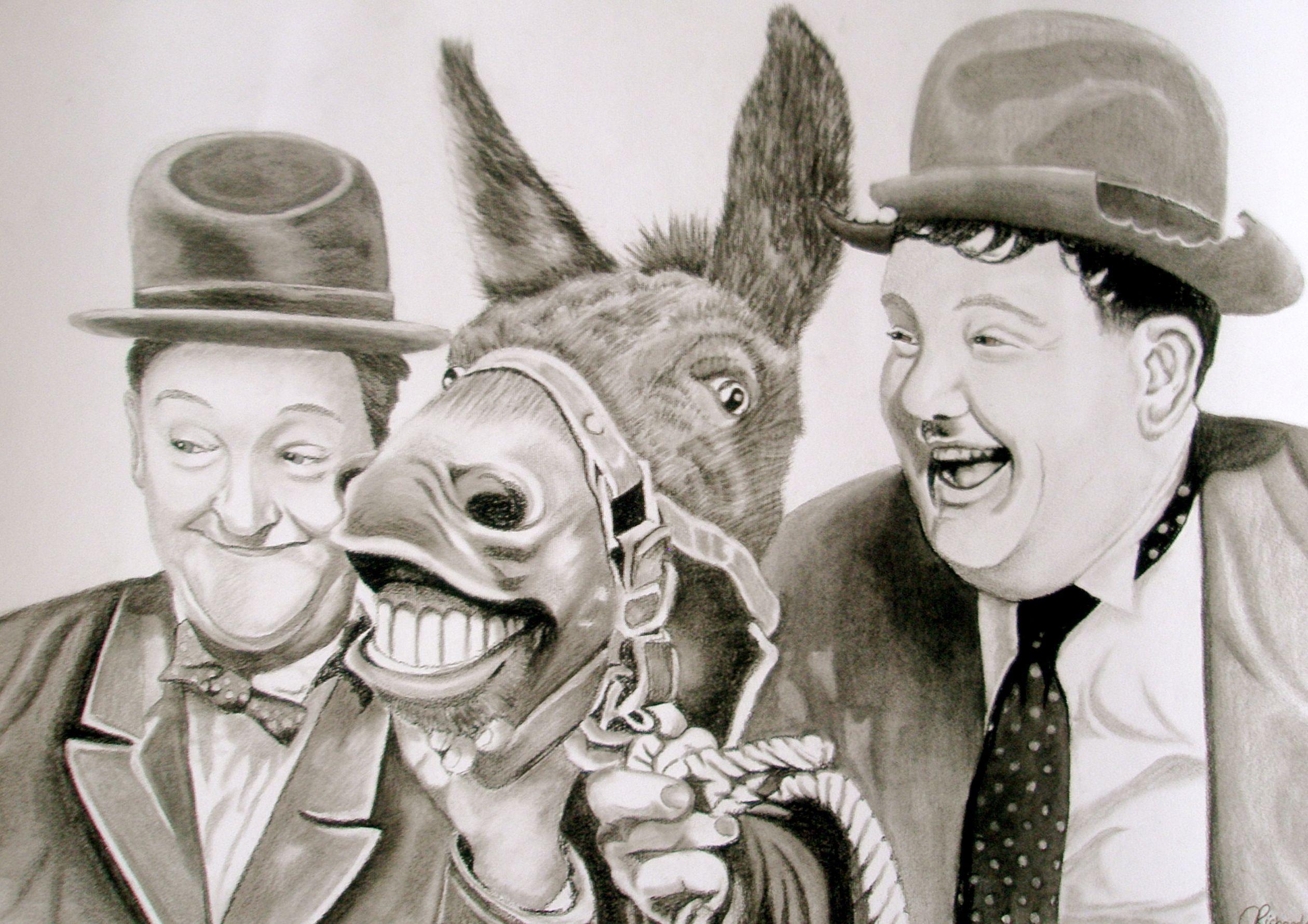 2520x1790 Laurel and Hardy with donkey charcoal portrait. Claire's, Desktop