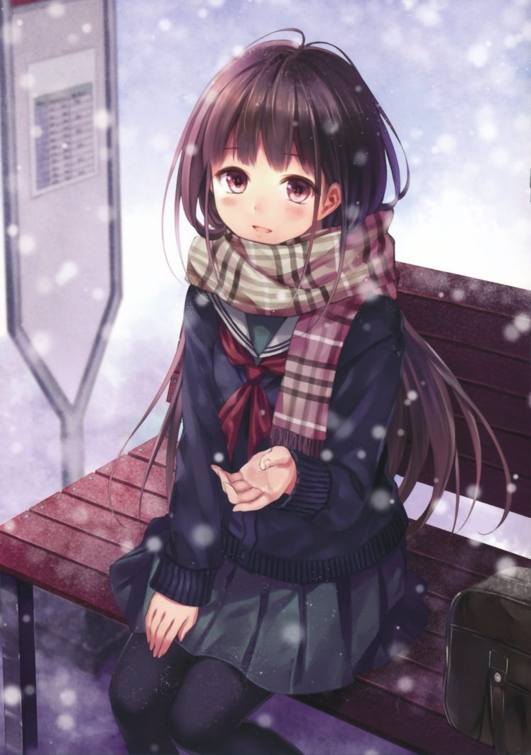 750x1070 anime, Girl, Original, Snow, Winter, Beauty, School, Uniform, Phone