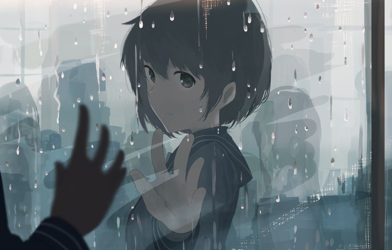 1340x850 Wallpaper rain, blue, eyes, anime, art, mfua. RU image for desktop, section арт, Desktop