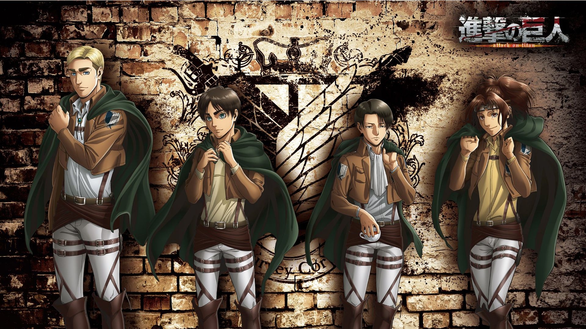 1920x1080 Attack Of Titan Eren Yeager Erwin Smith Hange Zoe Levi Ackerman All With Green Scarf With Background Of Wings Of Freedom On Wall HD Anime Wallpaper, Desktop