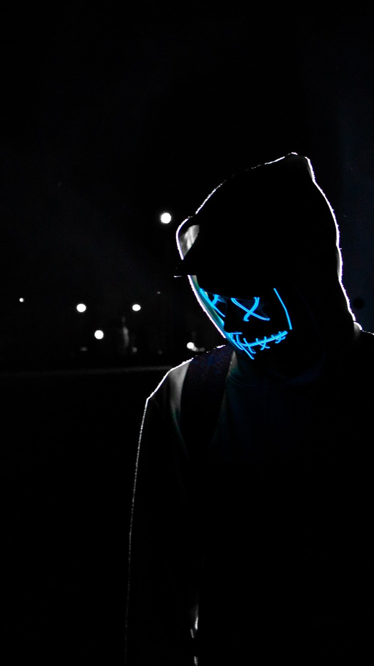 750x1340 Download  Hoodie, Creepy Neon Mask, Dark Wallpaper for iPhone iPhone 6, Phone