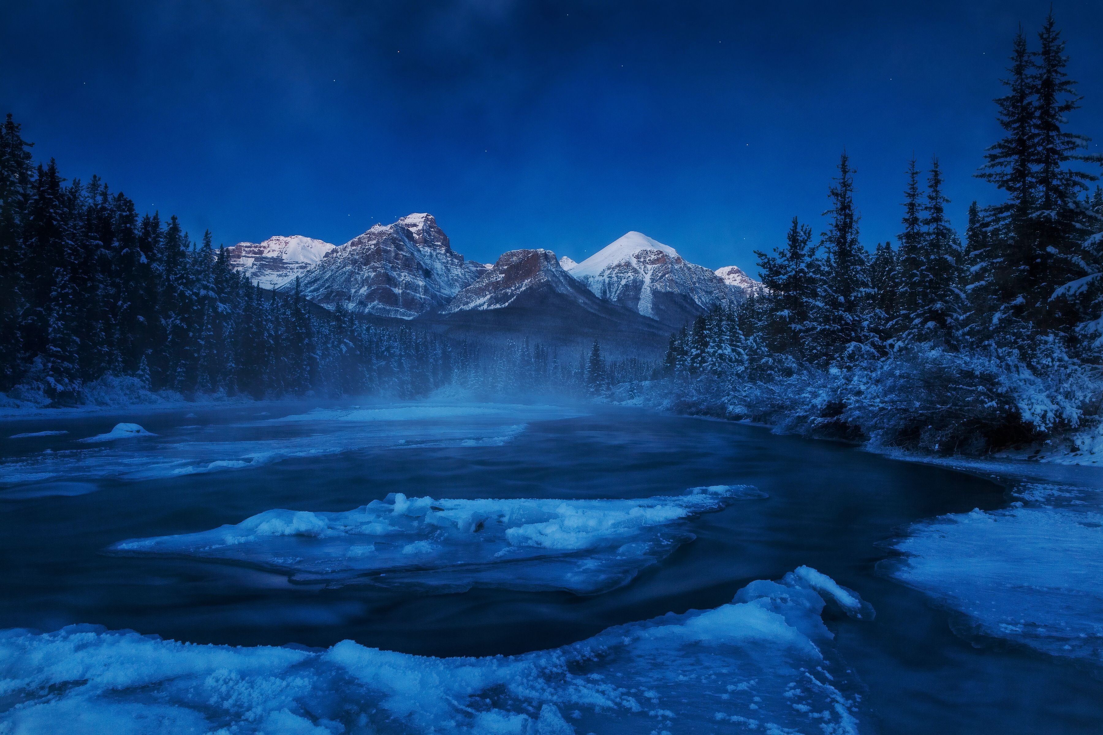 3600x2400 firs, winter, landscape, snow, river, Canada wallpaper, Desktop