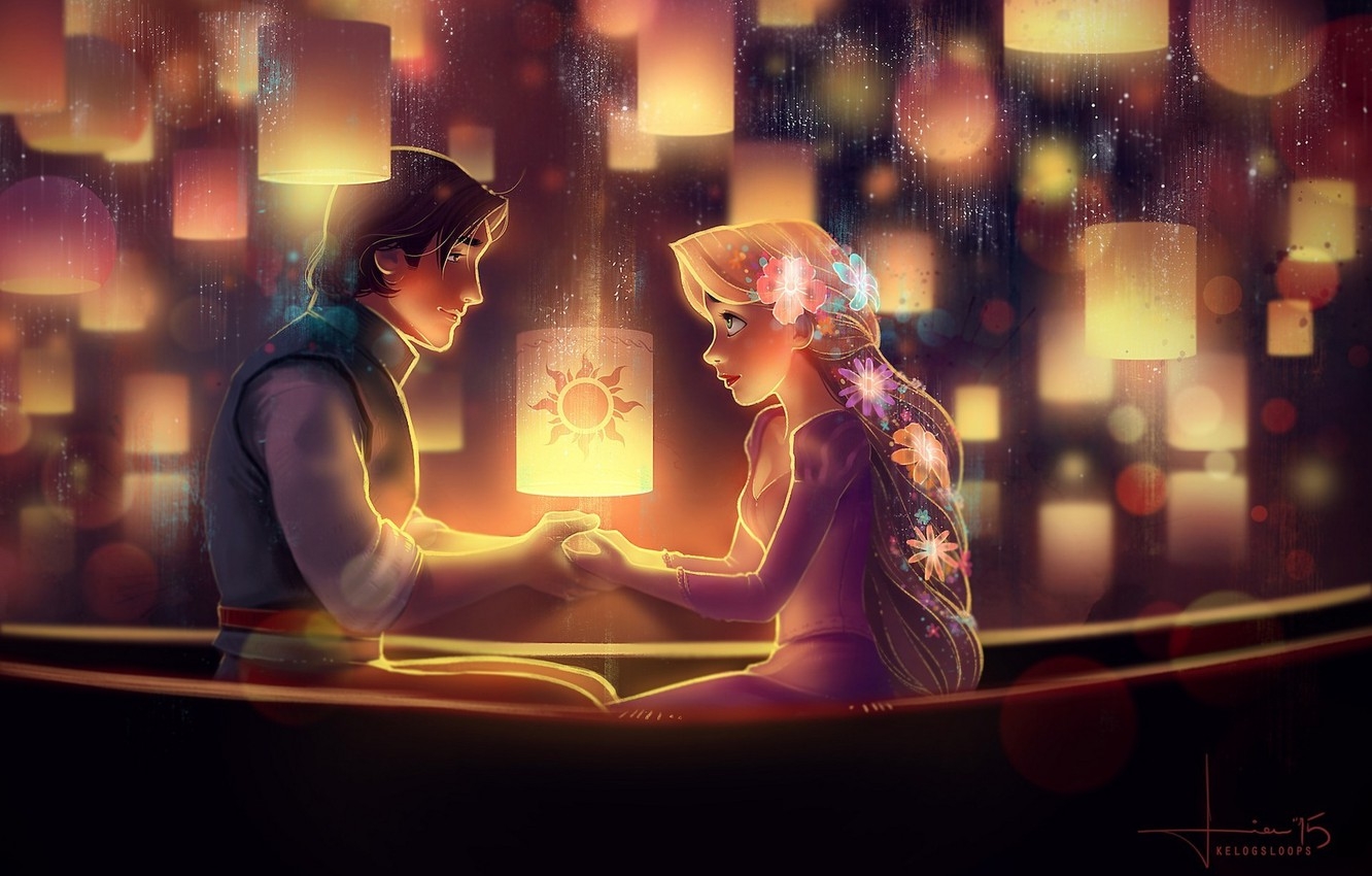 1340x850 Wallpaper girl, flowers, night, art, Rapunzel, guy, two, lanterns, Rapunzel, Flynn Rider, kelogsloops image for desktop, section фильмы, Desktop