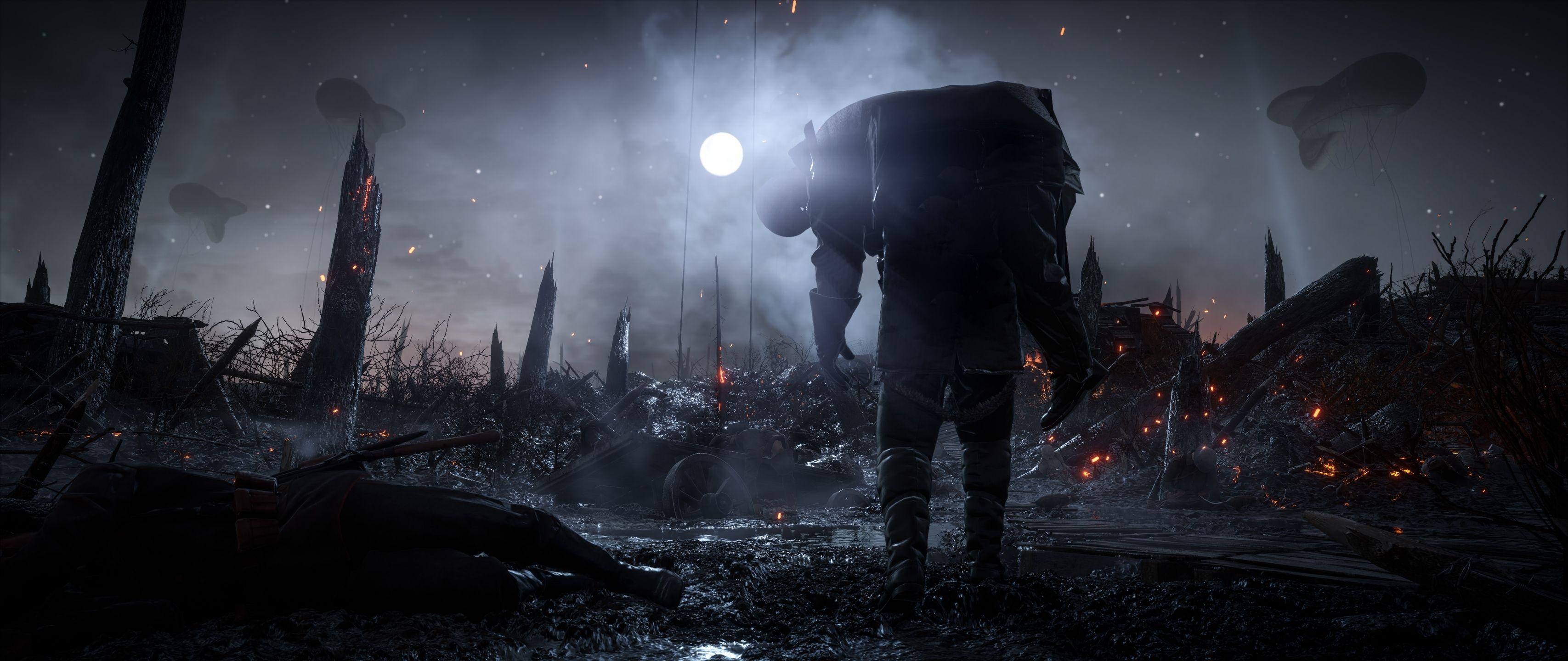 3420x1440 Wallpaper Battlefield Soldiers, Dark Theme, Moon, Fog, Dual Screen