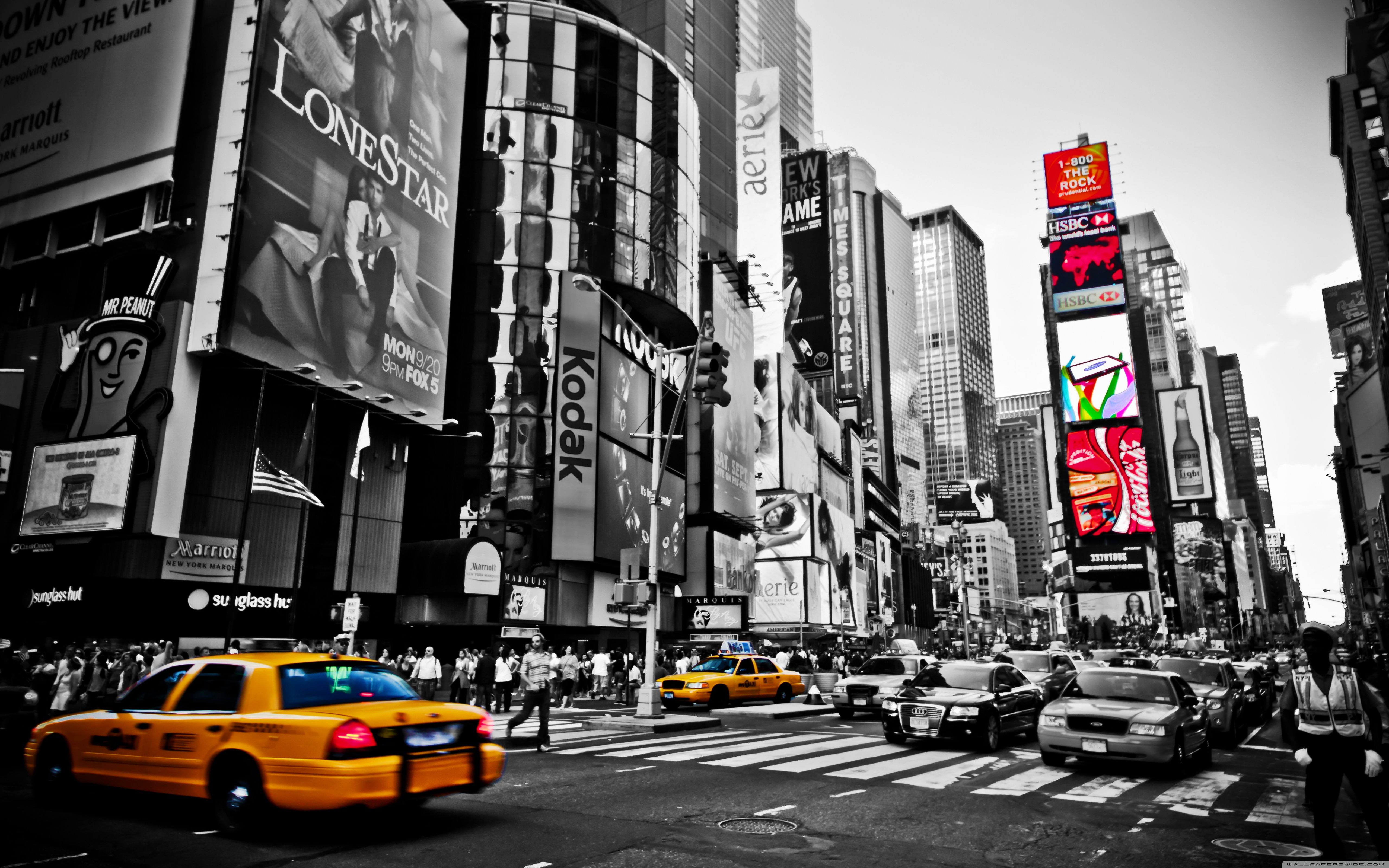 5120x3200 Wallpaper, taxi, New York City, selective coloring, street, Times Square, urban, city, traffic, people, USA, Desktop