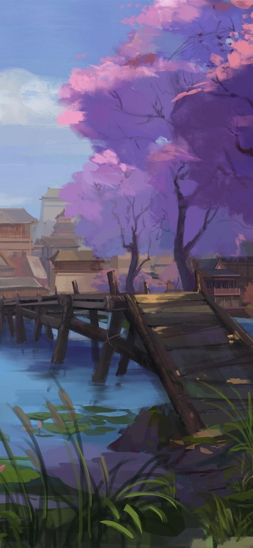 830x1800 Watercolor painting, China, village, retro style  iPhone XR, Phone