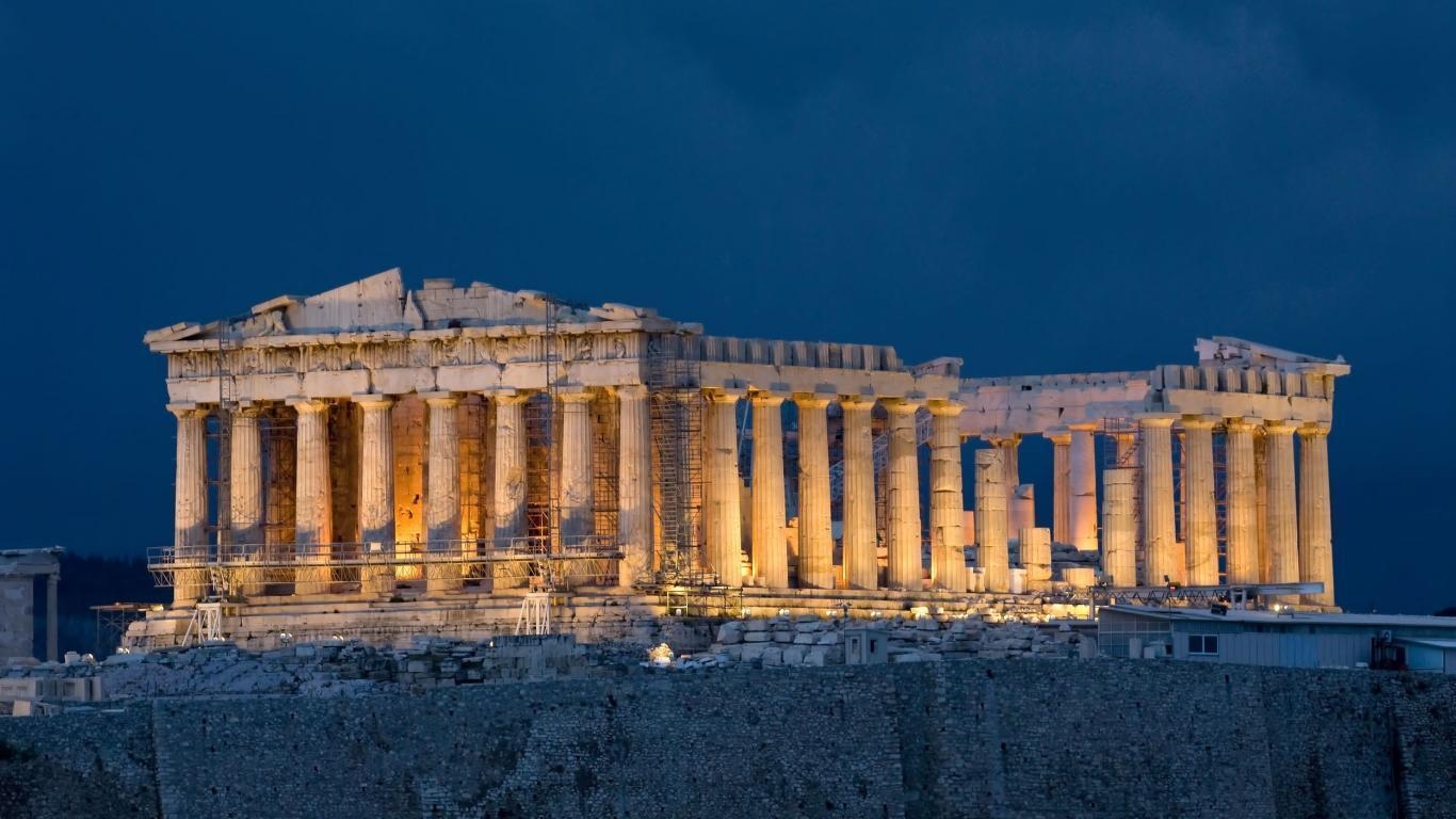 1370x770 Parthenon Acropolis Night View Wallpaper, Desktop