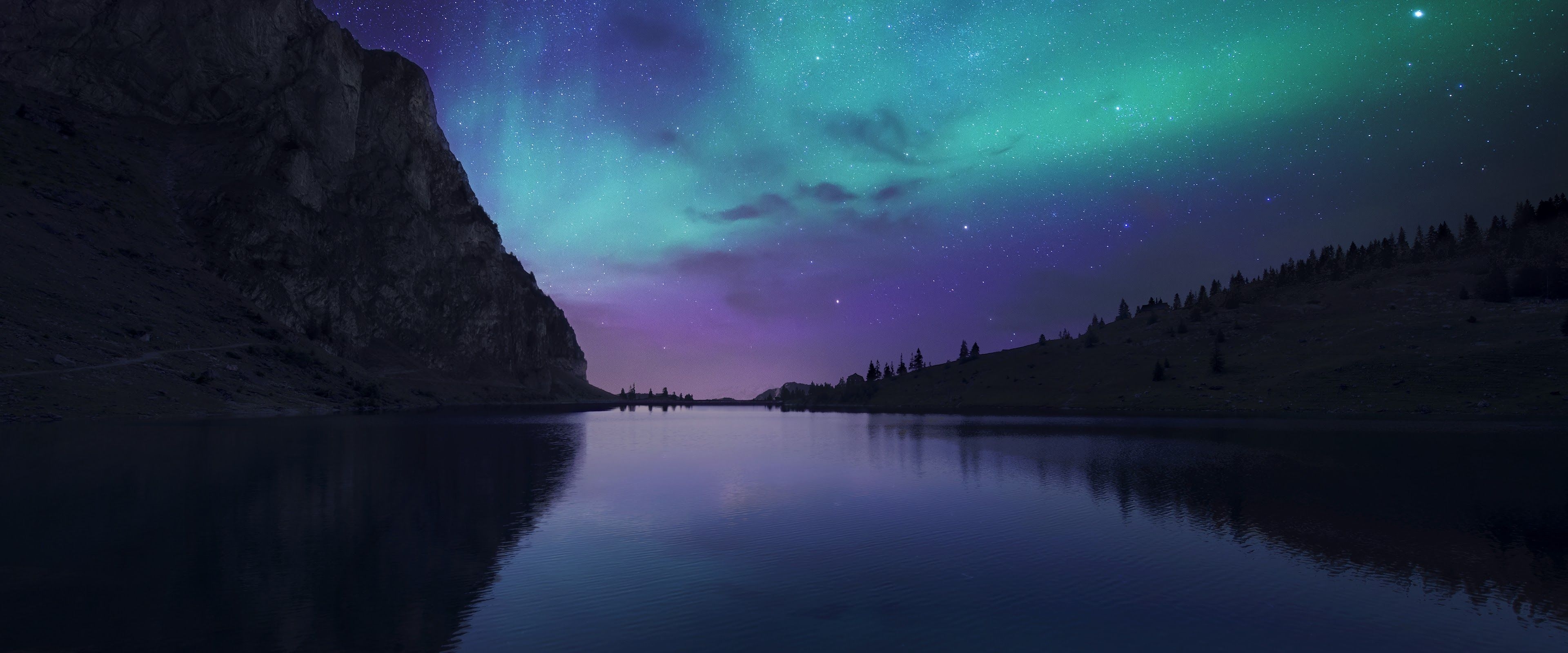 3840x1600 Aurora Borealis Night Sky Stars Lake Nature Scenery 4K Wallpaper, Dual Screen