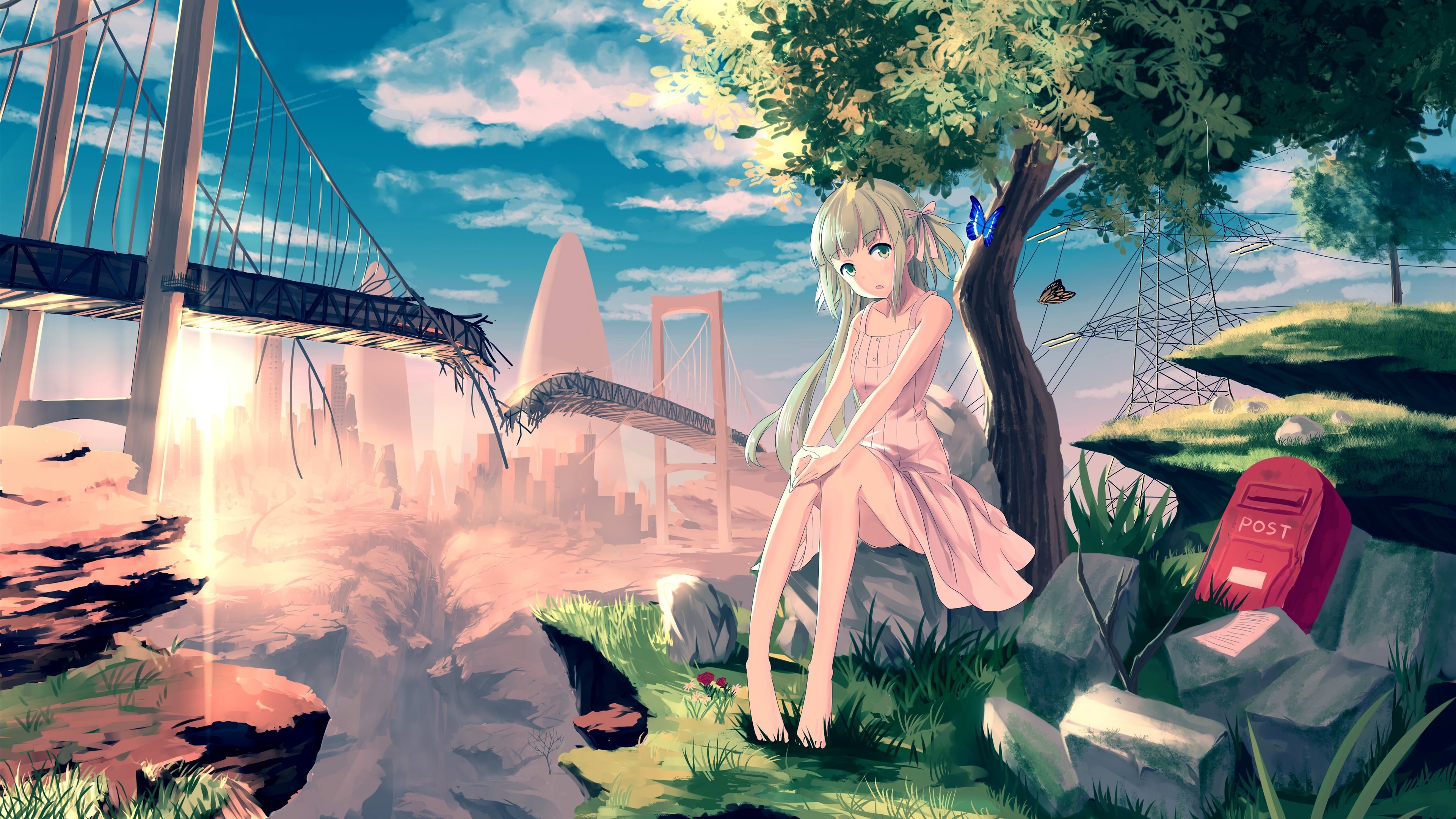 3840x2160 Wallpaper Lonely anime girl, tree, butterfly, broken bridge, Desktop