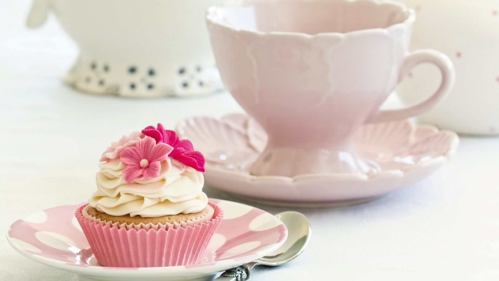 1920x1080 Cake cupcake cream white flowers pink food dessert sweet dishes, Desktop