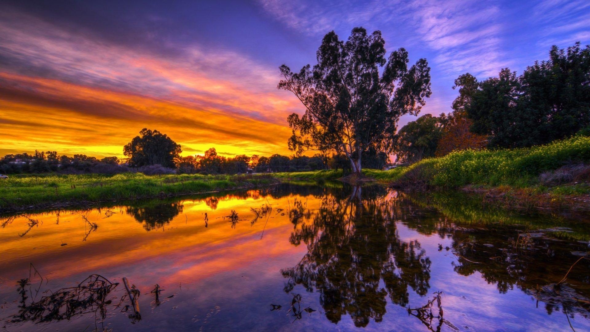 1920x1080 Android wallpaper: River Sunset Cyprus Grass Blue Sky, Desktop