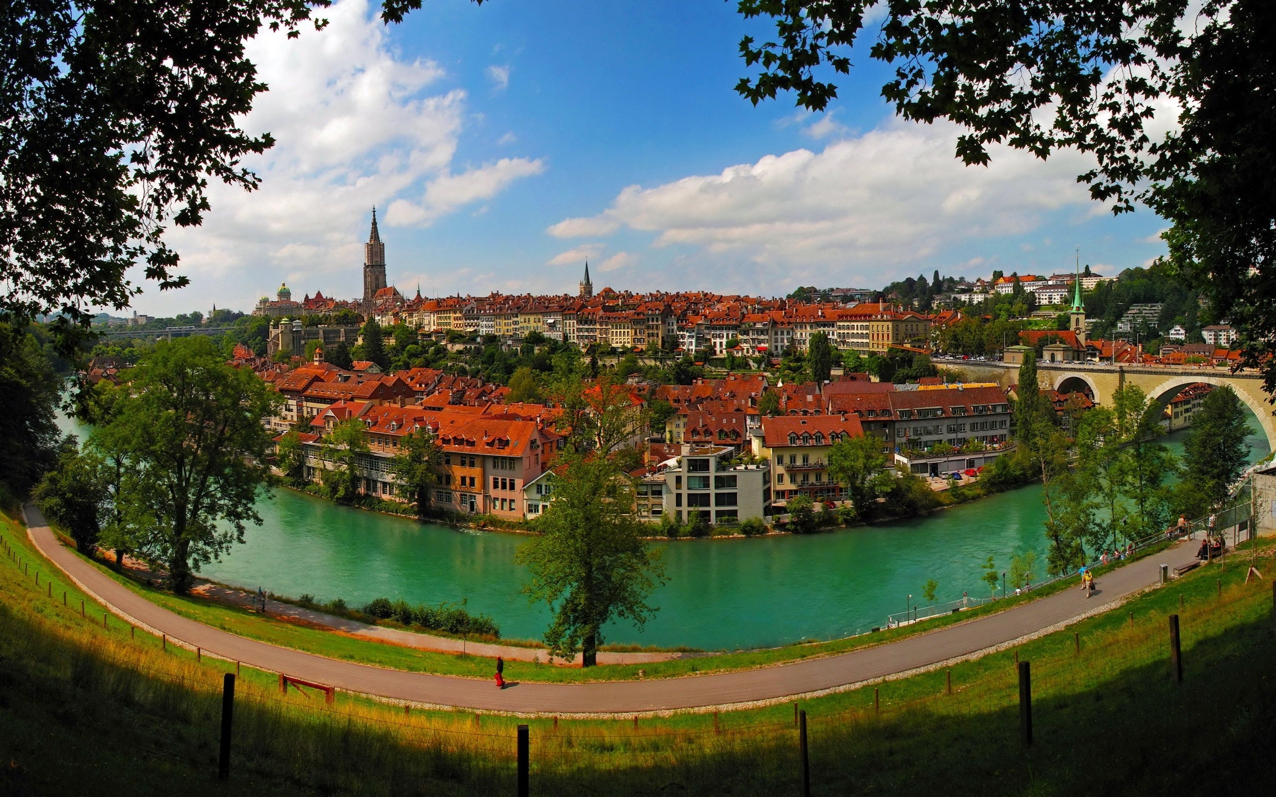 2560x1600 Wallpaper Bern, Switzerland, city, river, houses, road, bridge, Desktop