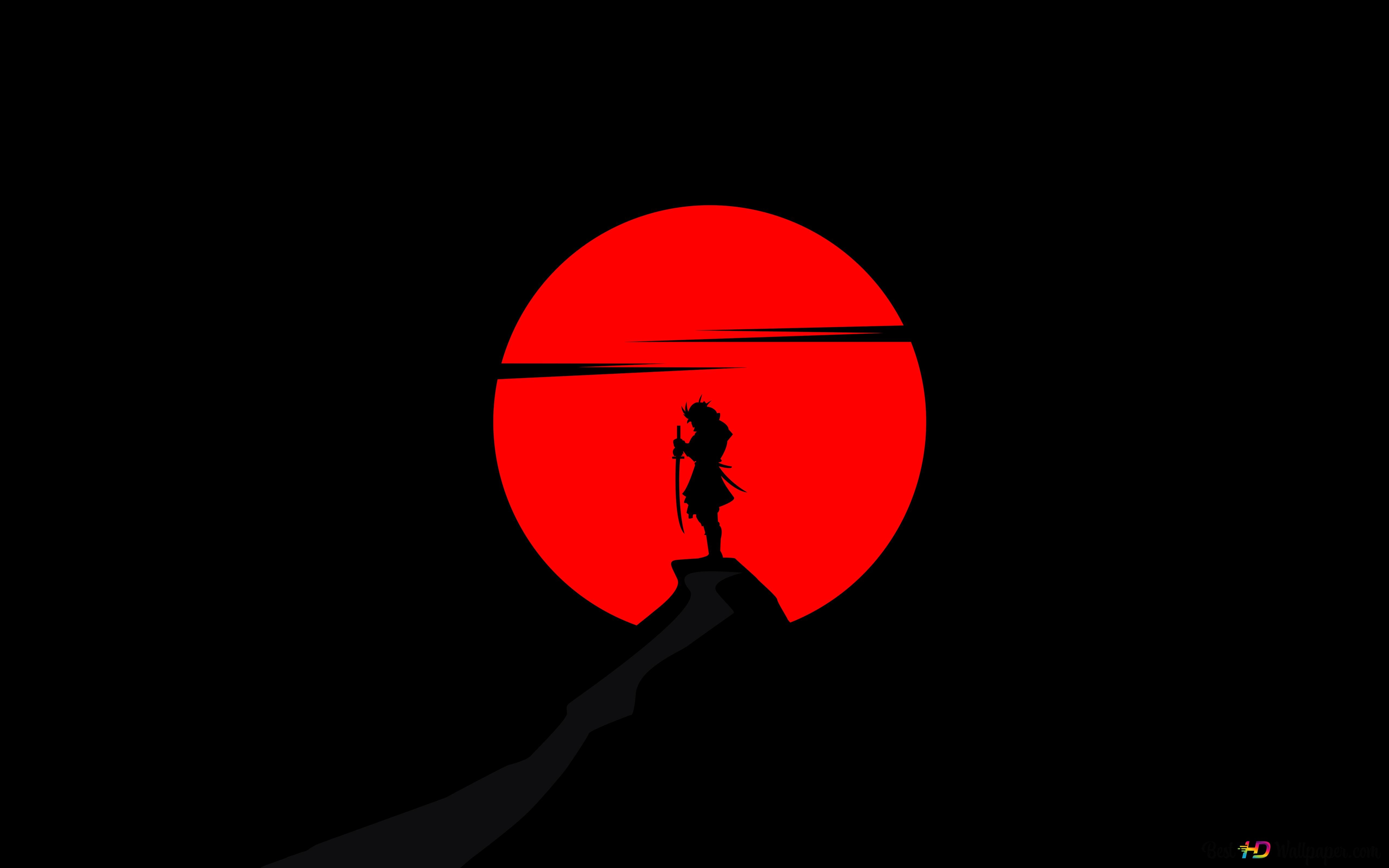 5120x3200 Alone Samurai shadow on red moon 8K wallpaper download, Desktop