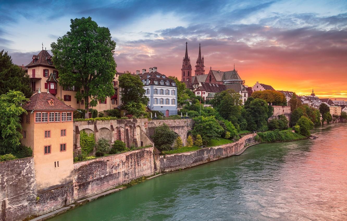 1340x850 Wallpaper sunset, river, building, home, Switzerland, Switzerland, Desktop