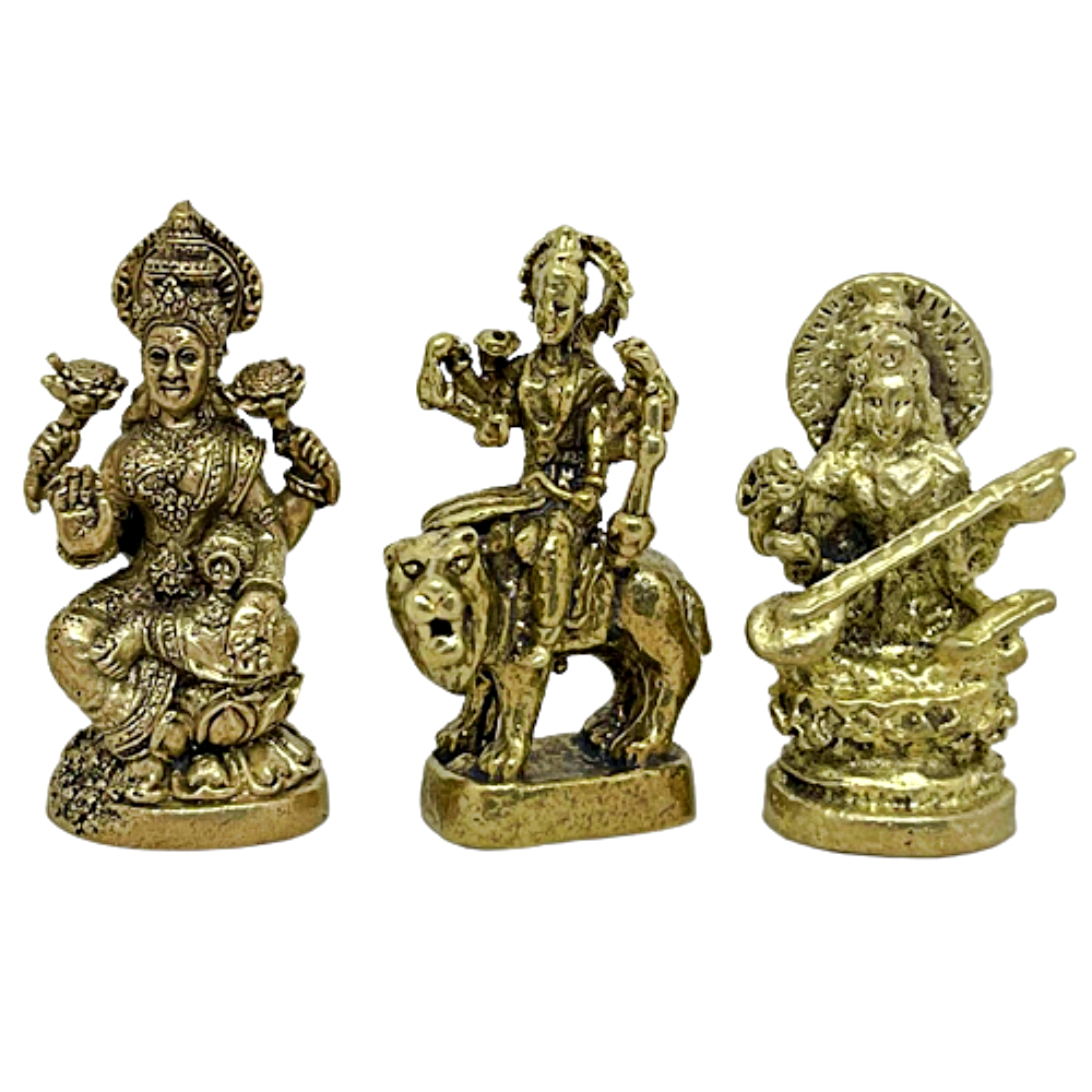1000x1000 Tridevi Lakshmi Parvati Saraswati Hindu 3 Goddess Pocket Amulet Brass Statue Set, Phone