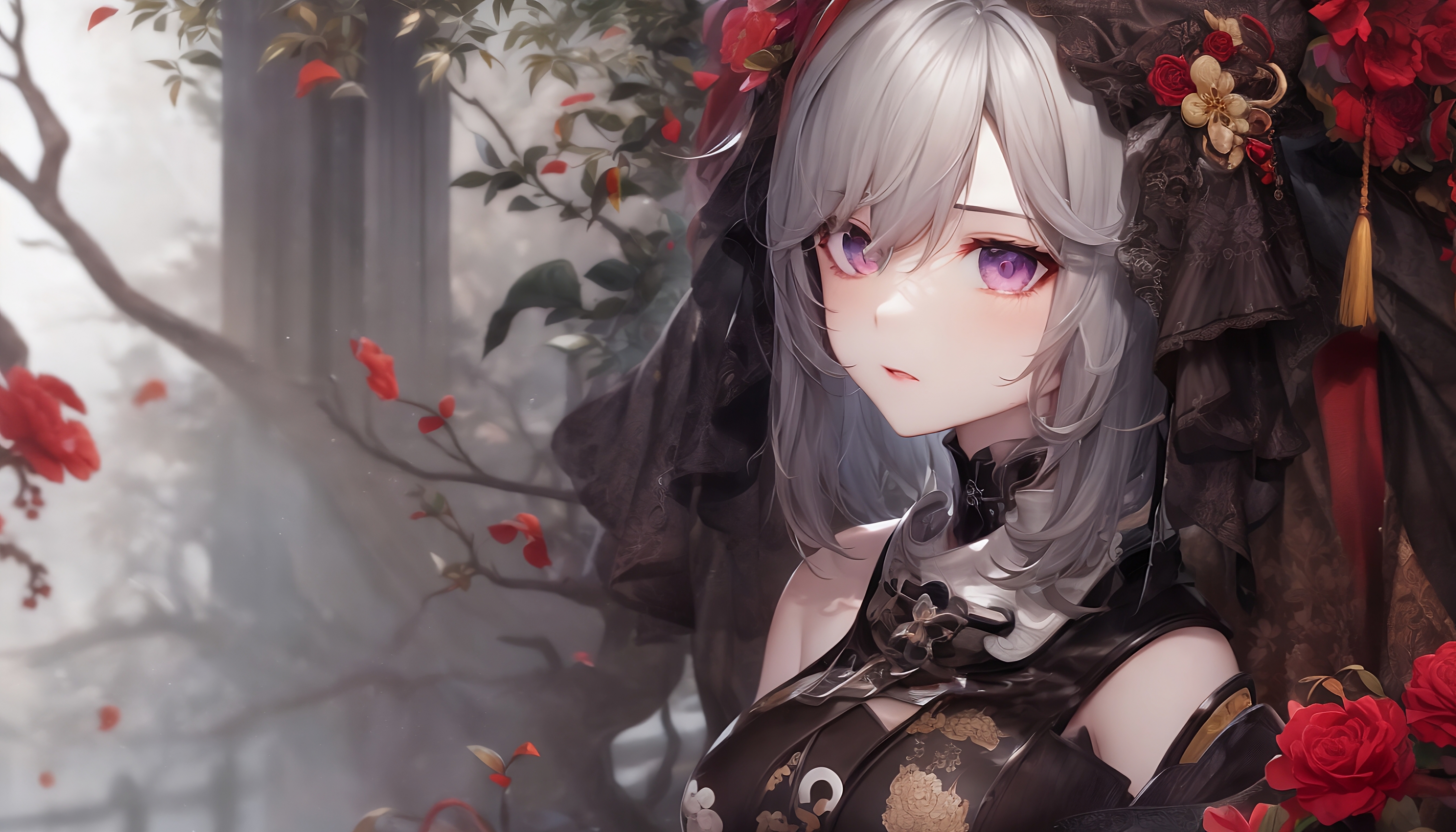 5380x3080 Ai Art Novel Ai Anime Girls Closeup Silver Hair Petals Flowers Wallpaper:, Desktop