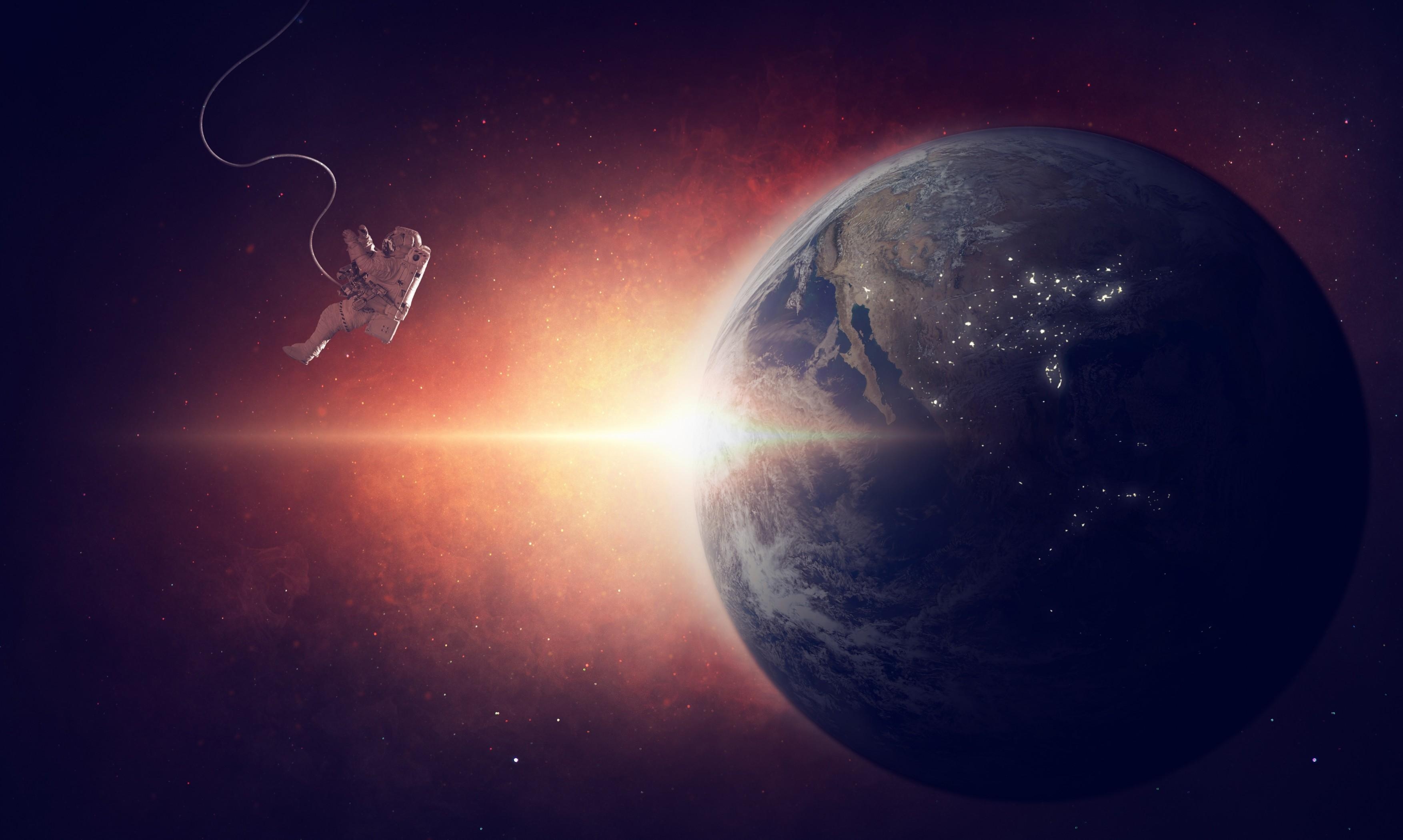 3510x2100 Download  Floating Astronaut, Galaxy, Orbit, Earth, Sun, Desktop