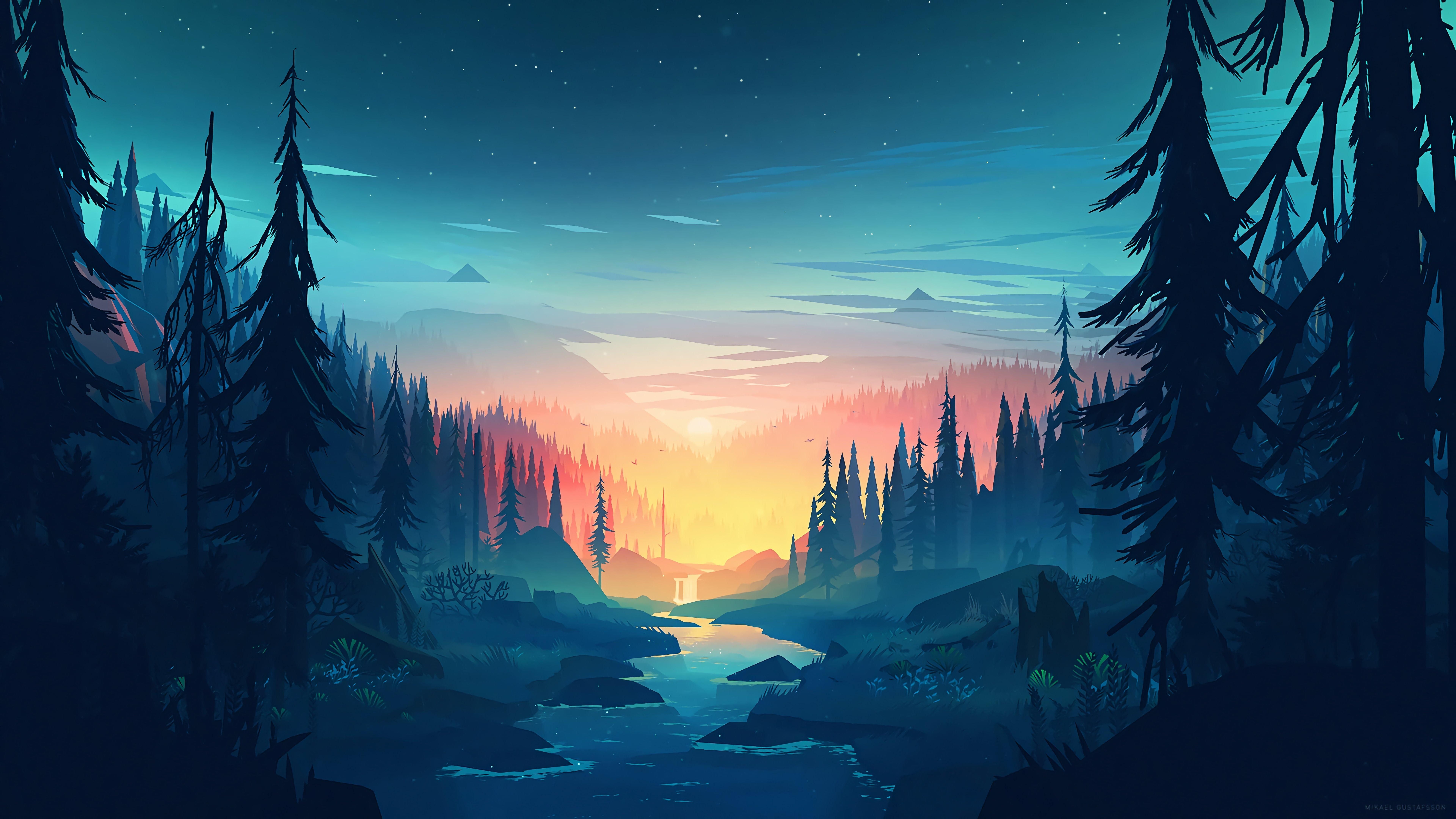 7680x4320 vector forest sunset forest #sunset #forest #nature #sky, Desktop