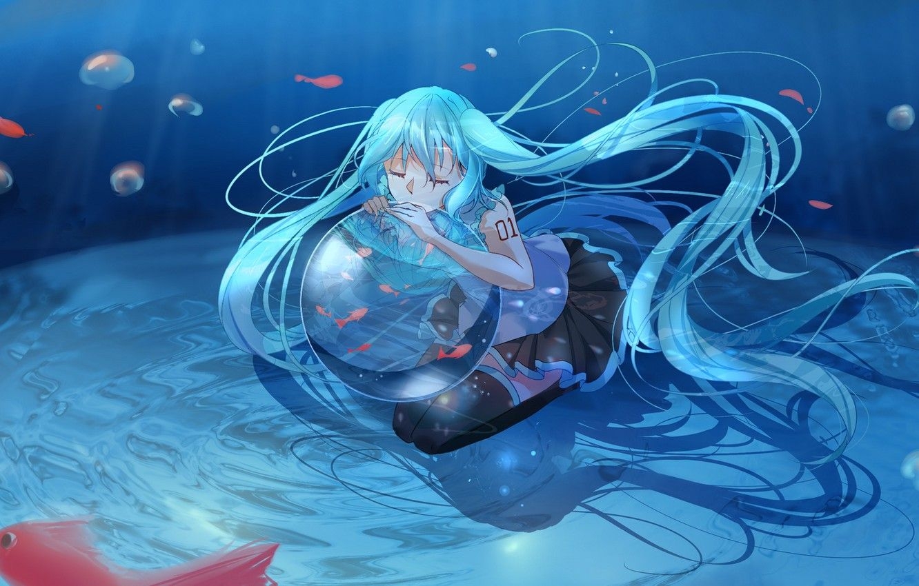 1340x850 Wallpaper water, girl, fish, ball.anime.goodfon.com, Desktop