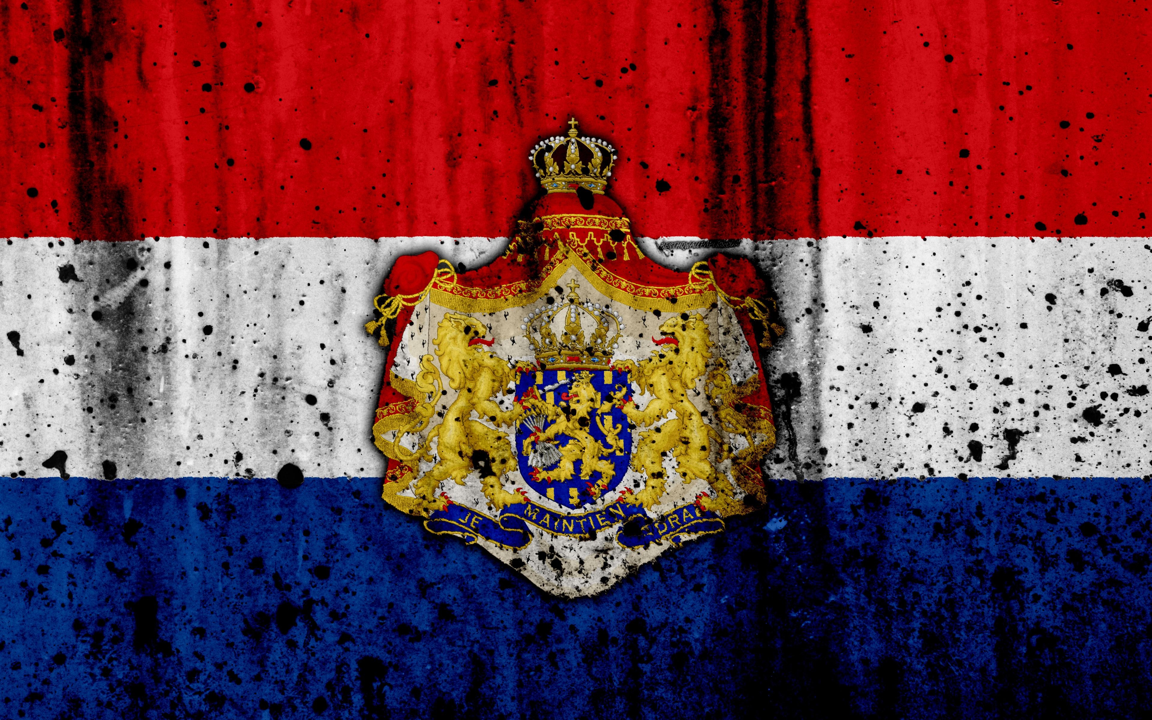 3840x2400 Download wallpaper Netherlandish flag, 4k, grunge, flag, Desktop