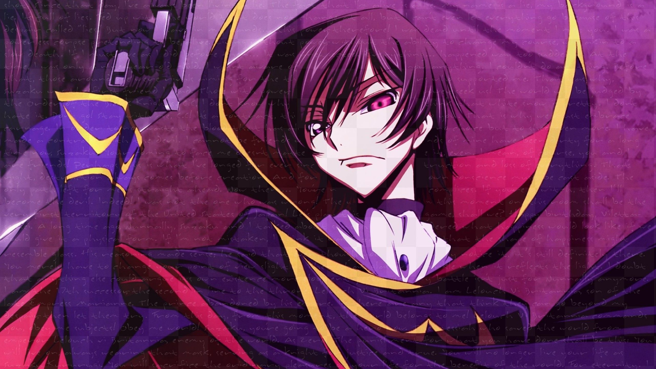 2560x1440 guns, Code Geass, red eyes, standing, Lamperouge Lelouch, anime, anime boys, black hair, Weaponry wallpaper, Desktop