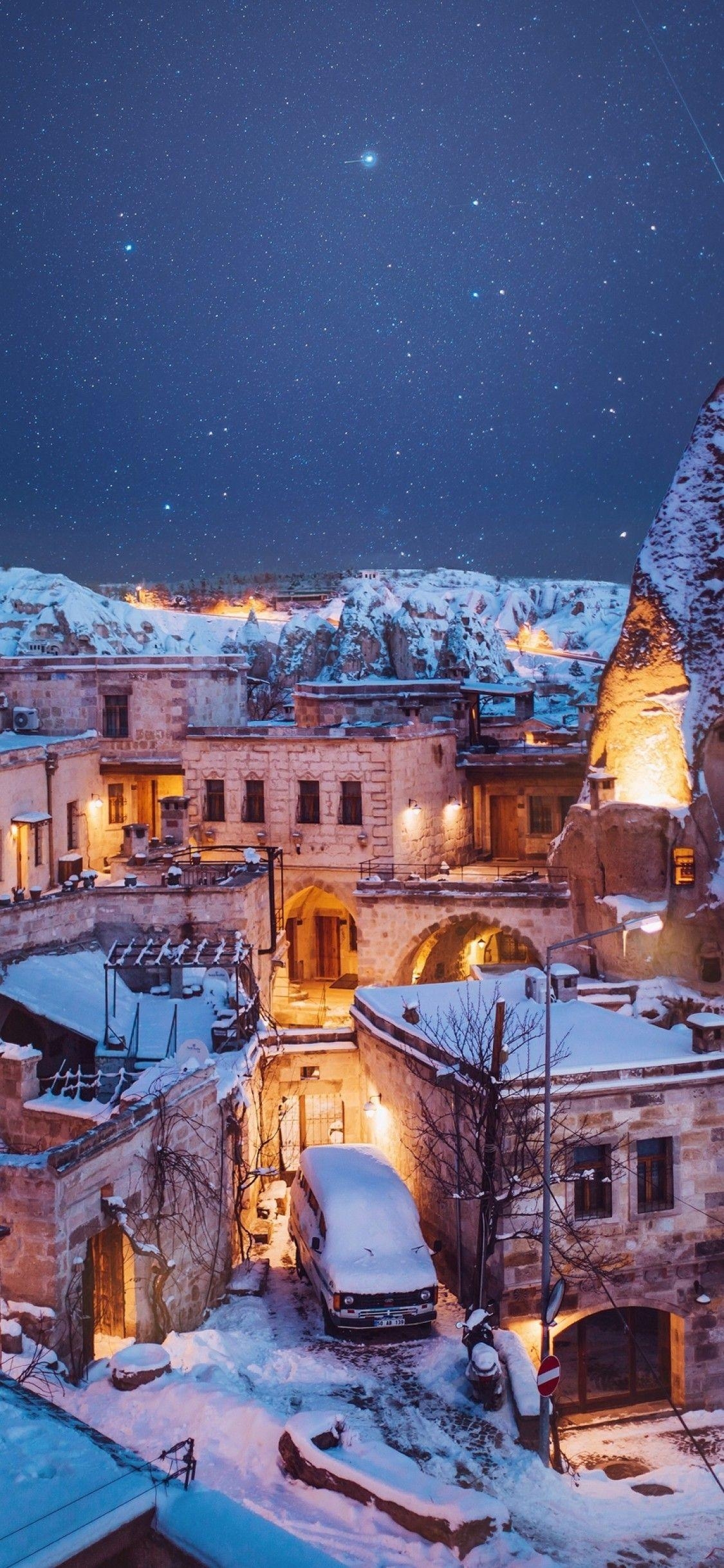 1130x2440 Download  Turkey, Cappadocia, Snow, Scenic, Winter, Phone