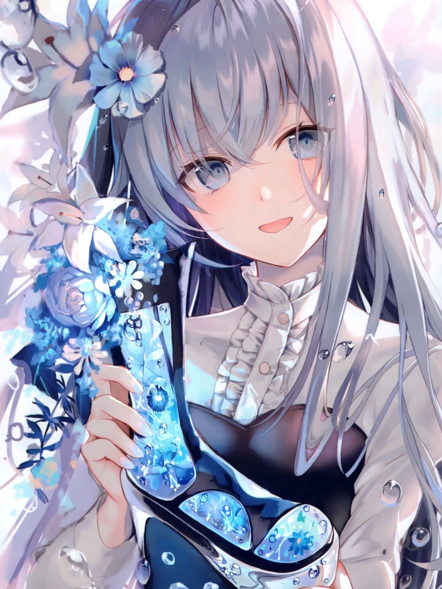 1540x2050 Download  Beautiful Anime Girl, Gray Hair, Smiling, Blue Flowers, Glass Shoe Wallpaper for Apple iPad Mini, Apple IPad 4, Phone