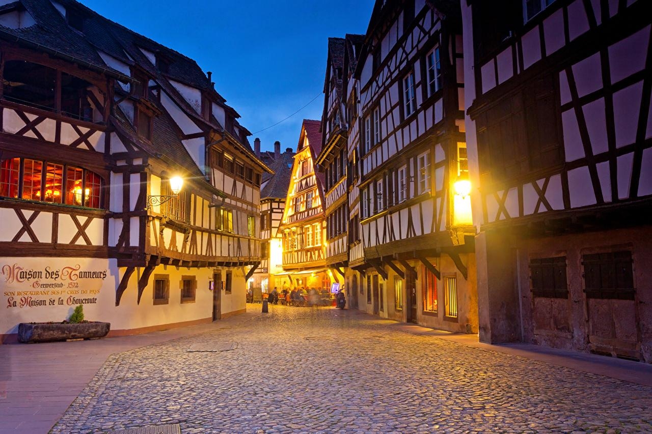 1280x860 Wallpaper Cities France Strasbourg Street Evening Building Street, Desktop