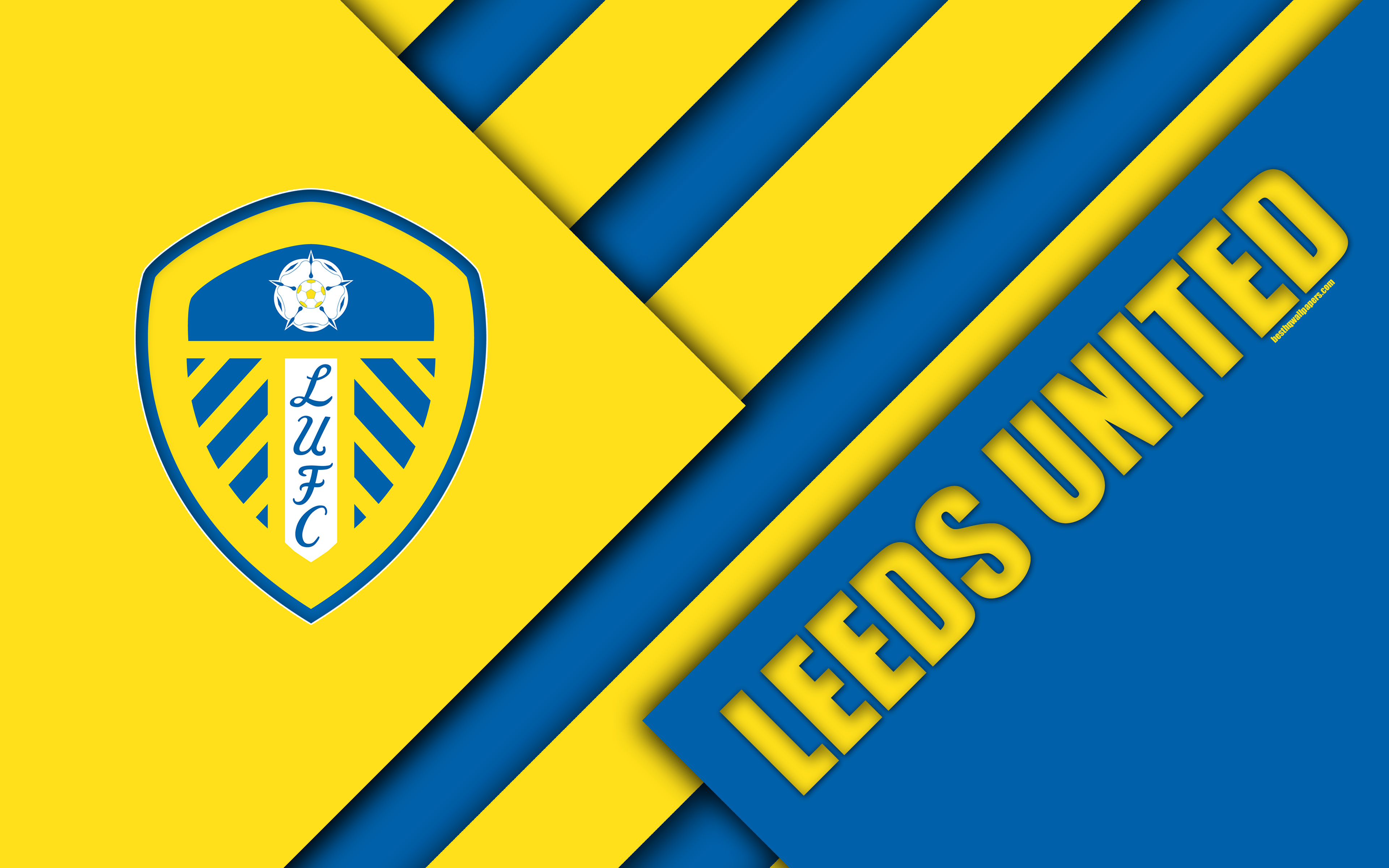 3840x2400 Download wallpaper Leeds United FC, logo, 4k, blue yellow abstraction, material design, English football club, Leeds, England, UK, football, EFL Championship for desktop with resolution. High Quality HD picture wallpaper, Desktop