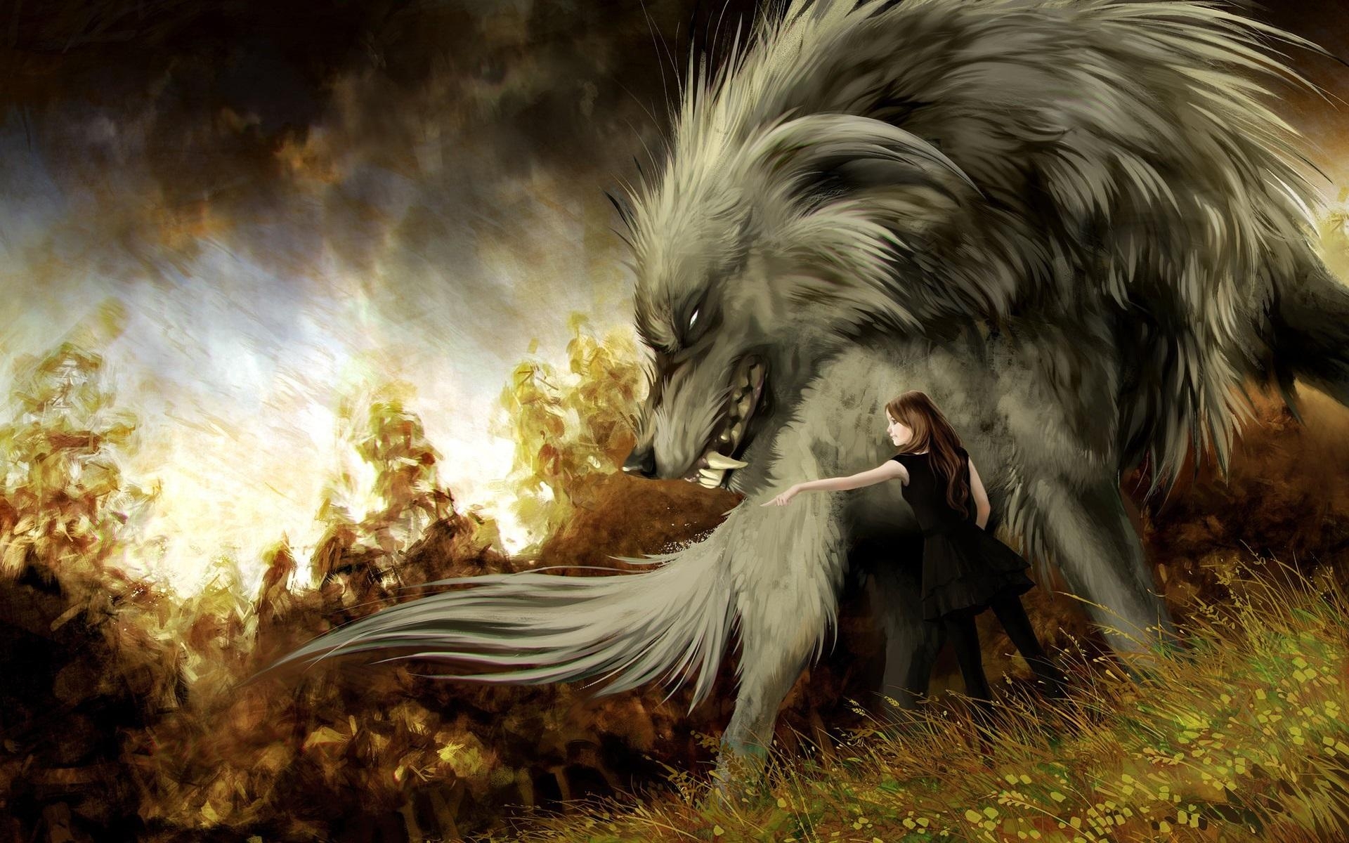 1920x1200 Wallpaper Big wolf, girl, art picture  HD Picture, Image, Desktop