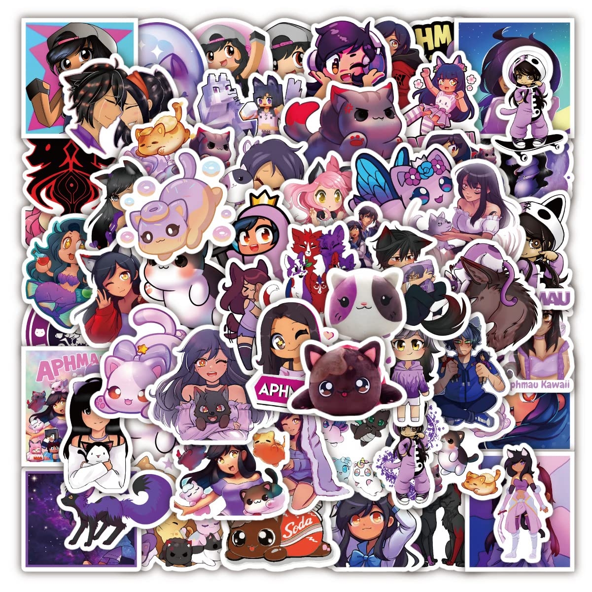 1210x1210 60PCS Cute Aphmau Kawaii Plushies Cat Graffiti Deacls Stickers Pack. Anime Game Animation Vinyl Waterproof Sticker for Water Bottle Toys Teens Adults Kids Girl Laptop Phone Case Luggage DIY, Phone