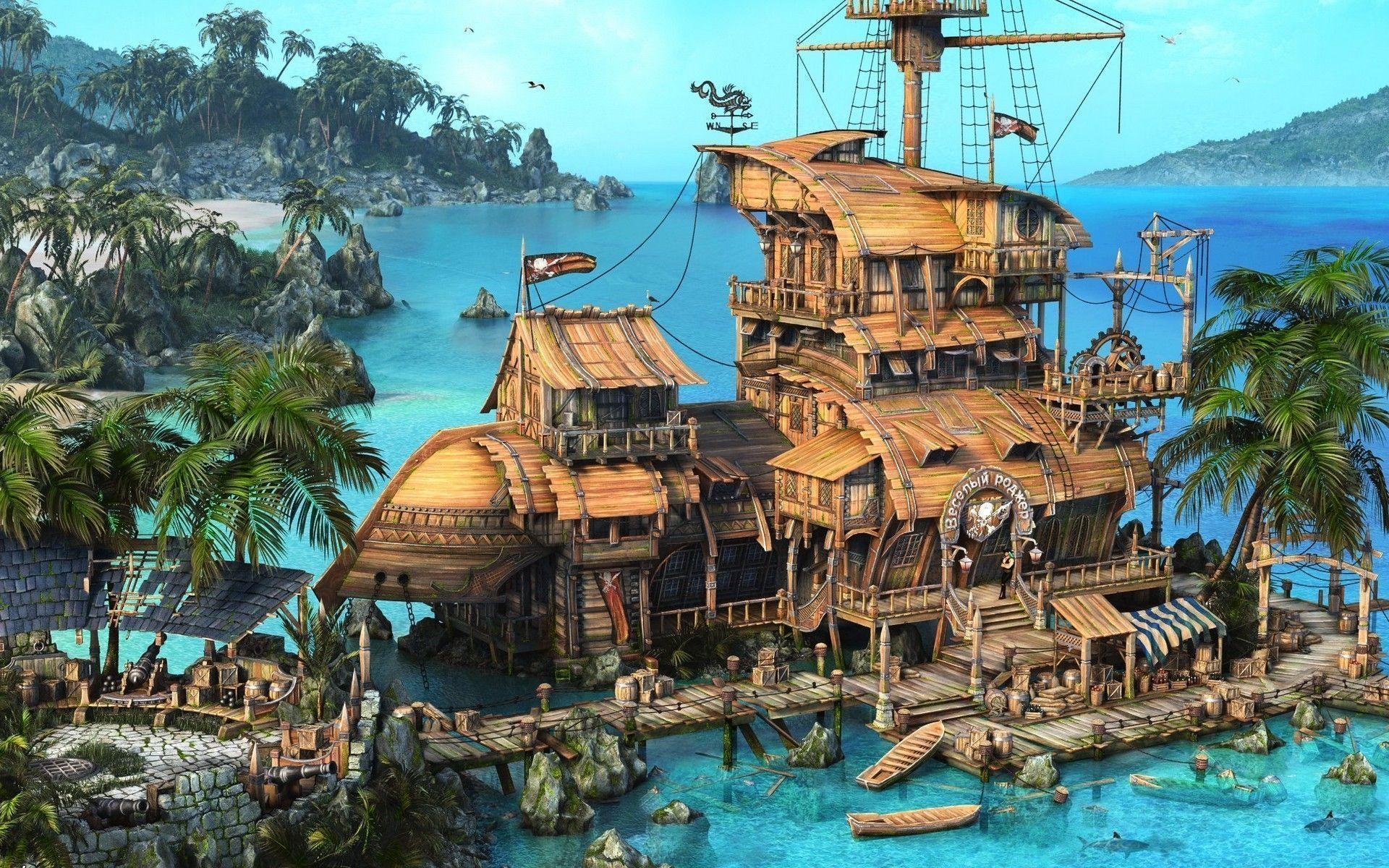 1920x1200 Wallpaper pirates, rendering, the caribbean, ship, boats, sea, Desktop