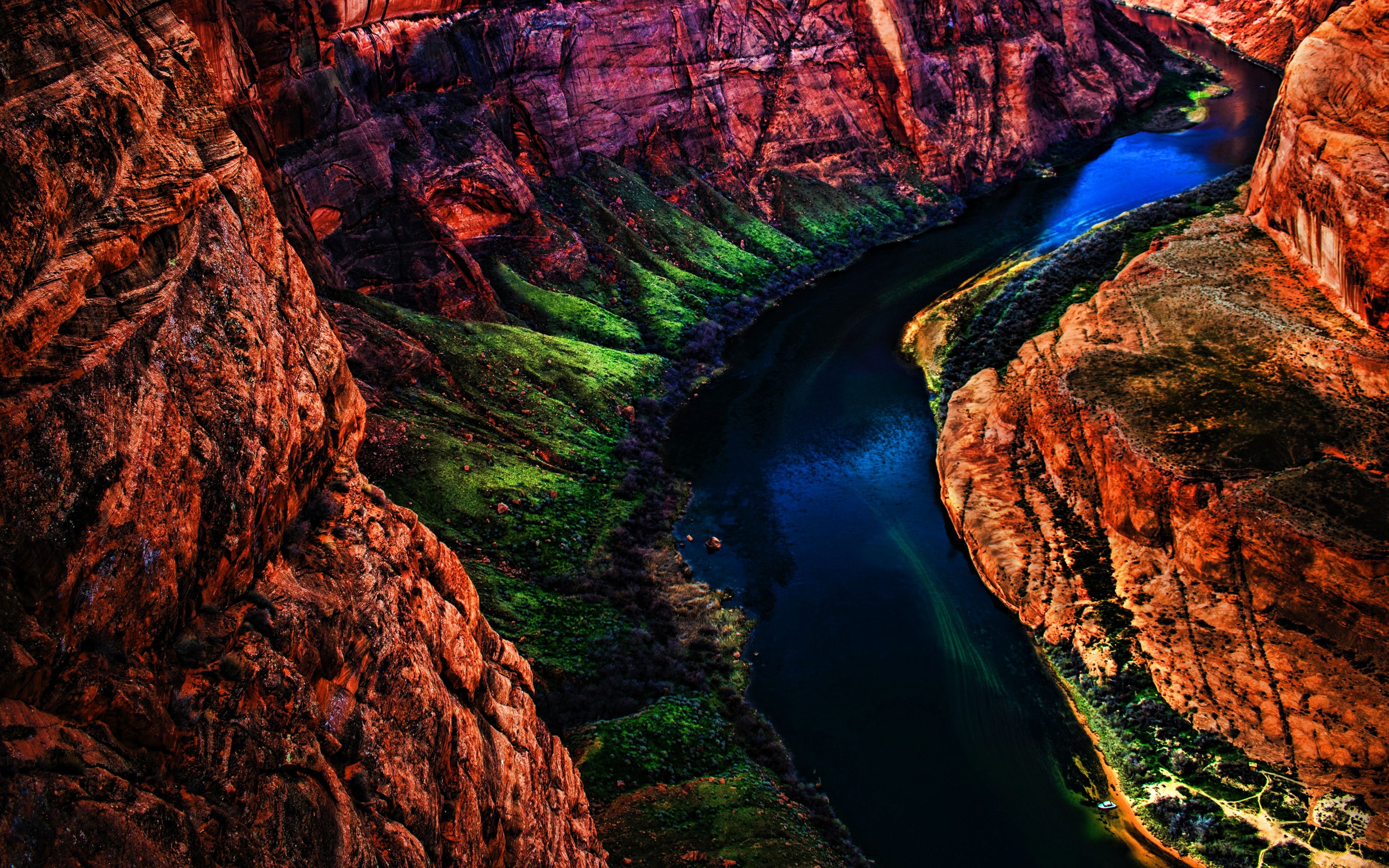 3840x2400 Download wallpaper 4k, Grand Canyon National Park, beautiful nature, river, HDR, american landmarks, Colorado, green slopes, America, USA, Arizona, valley, canyon for desktop with resolution. High Quality HD picture wallpaper, Desktop